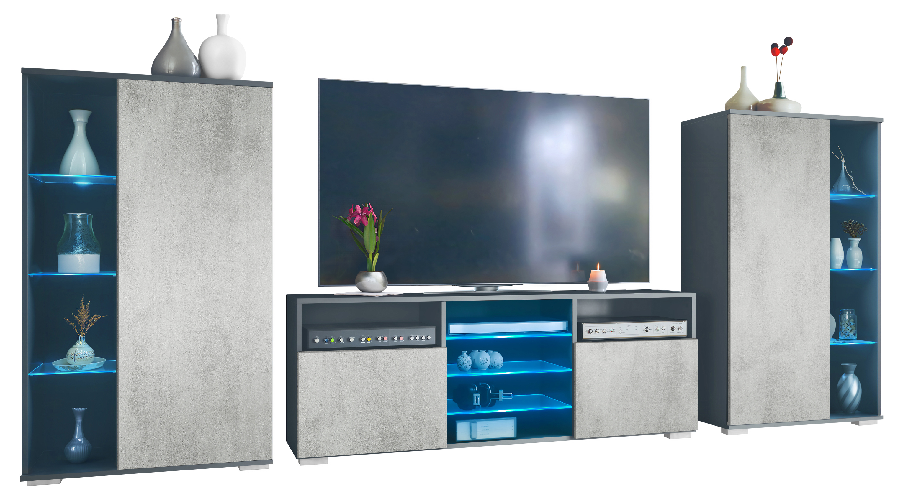 Wohnwand Davos LED 3-tlg. bestehend aus 2 Vitrinen, 1 TV-Board und LED-Beleuchtung Anthrazit matt/Beton Oxid Optik (329 x 134 x 35 cm)