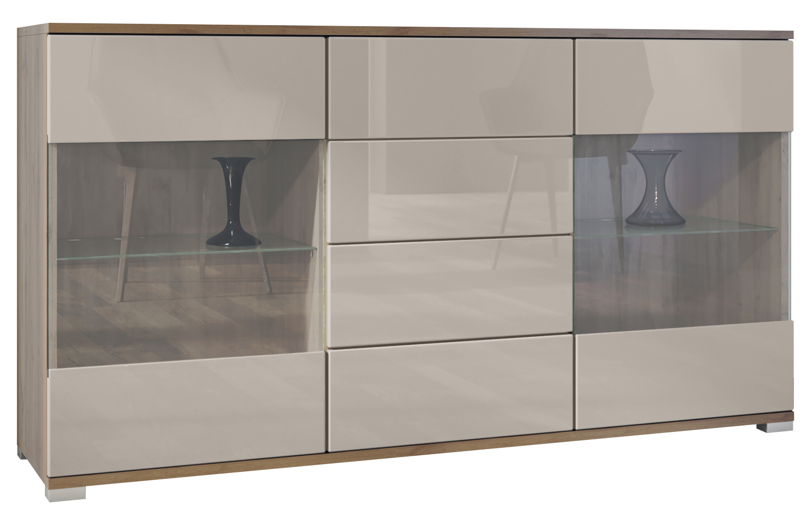 Sideboard Bari V1 Eiche Evoke 4 Schubladen und 2 flexible Glaseinlegeböden Eiche Evoke/Sandgrau Hochglanz (138,5 x 75,5 x 35)