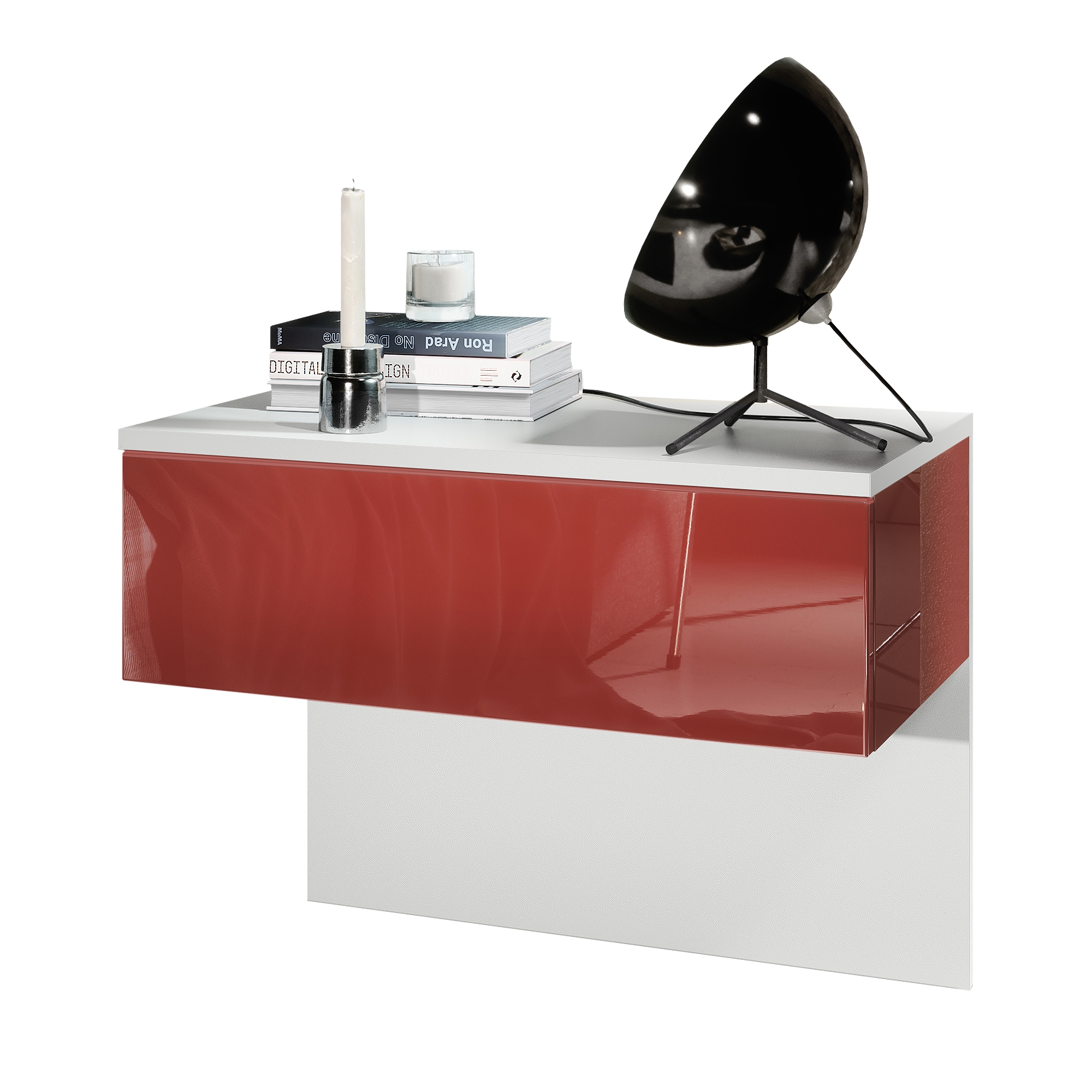 Nachttisch Sleep  mit Schublade zur Wandmontage Weiß matt/Bordeaux Hochglanz (60 x 46 x 35 cm)