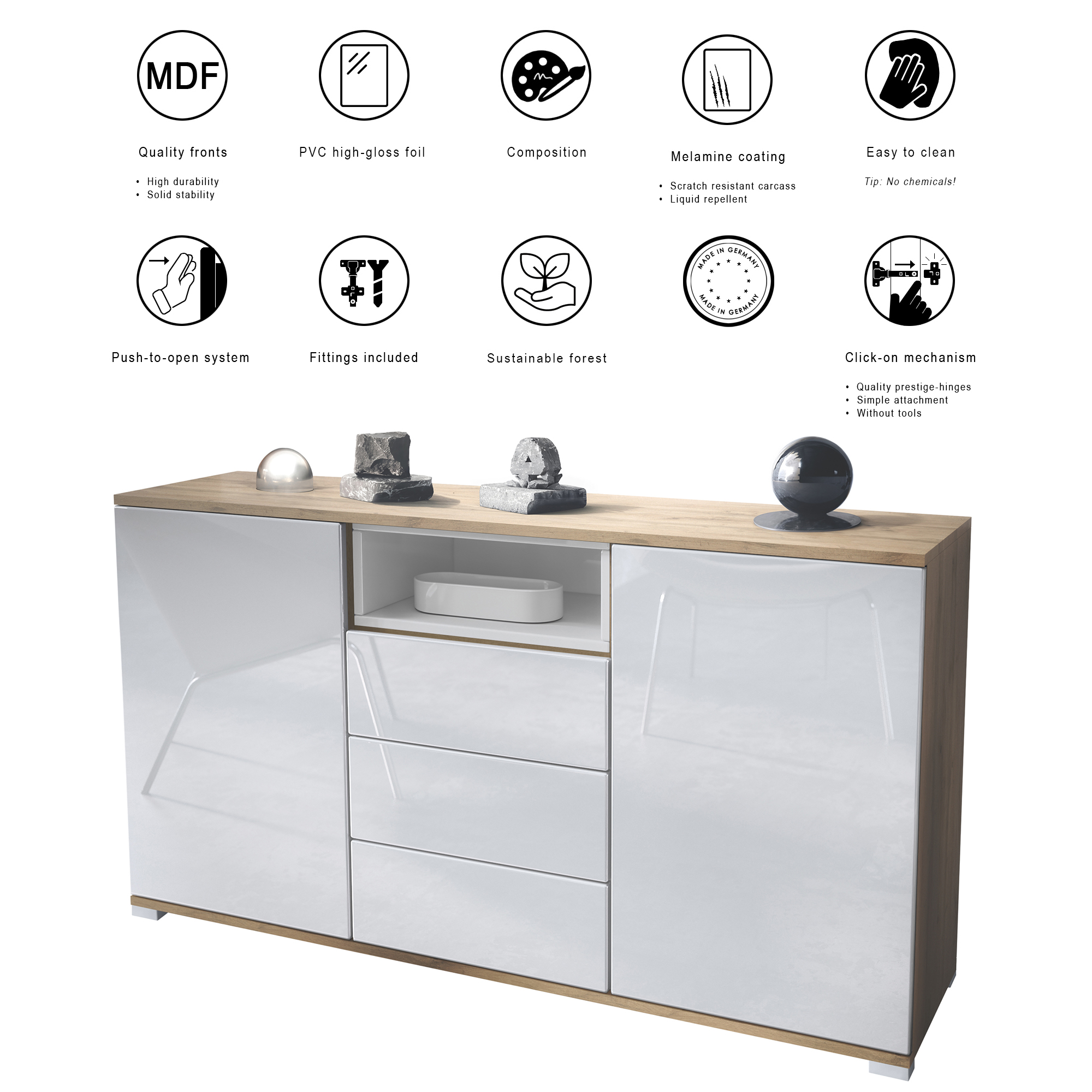 Skadu V2 Sideboard Eiche Evoke mit 2 Türen, 3 Schubladen und 1 offenem Fach Eiche Evoke/Grau Hochglanz (138,5 x 75,5 x 35 cm)