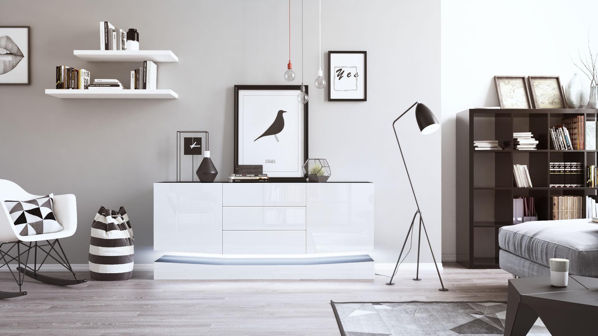 Sideboard City und 3 Schubladen inkl. LED-Beleuchtung,  Schwarz matt/Weiß Hochglanz (178 x 72 x 38 cm)