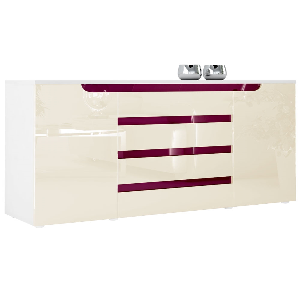 Sideboard Sylt V2 mit 2 Türen und 4 Schubladen Weiß matt/Creme Hochglanz/Brombeer Hochglanz (166 x 72 x 35)