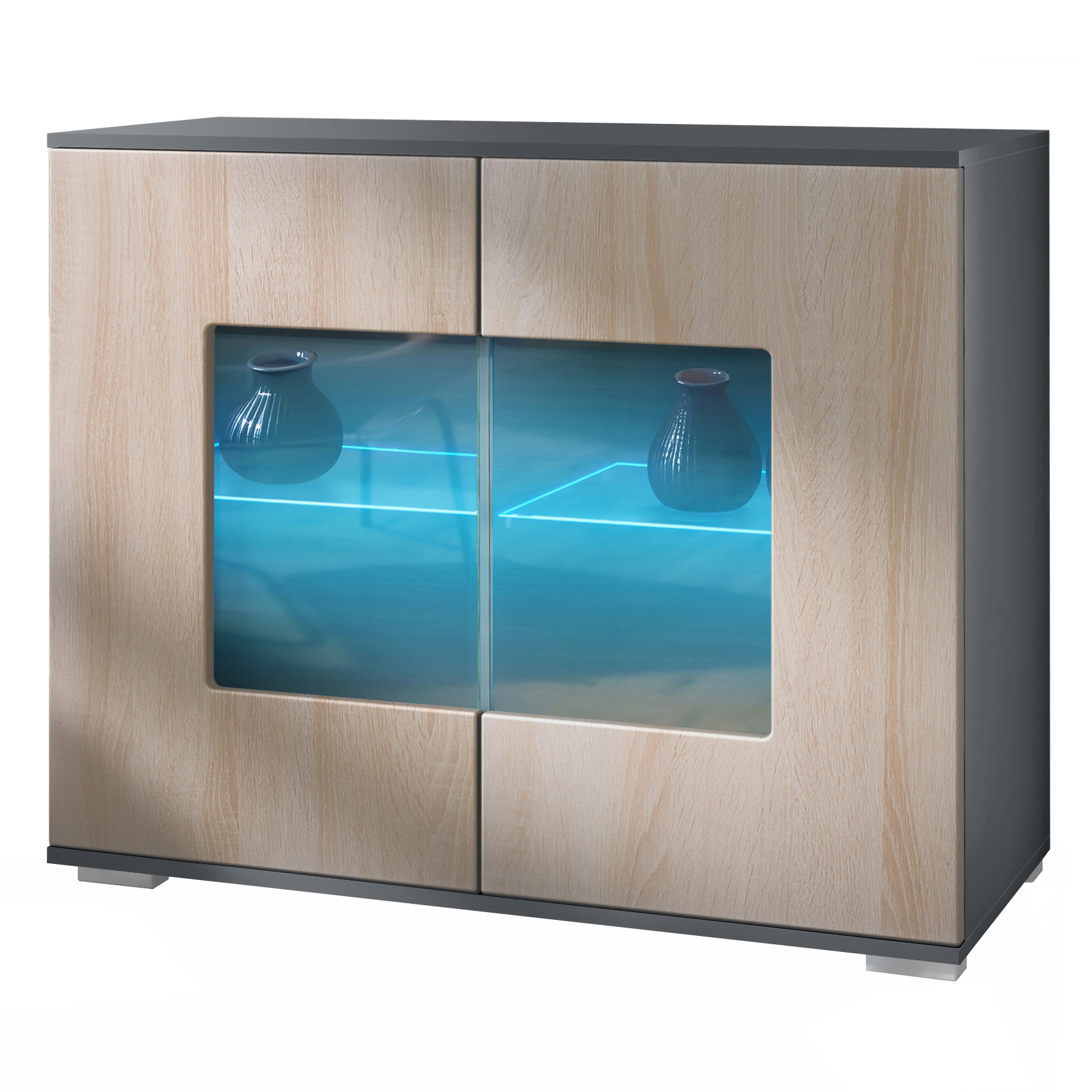 Grömitz V3 Kommode Anthrazit + LED mit 2 großen Glastüren inkl. RGB Beleuchtung Anthrazit matt / Eiche sägerau (92,5 x 75.5 x 35)