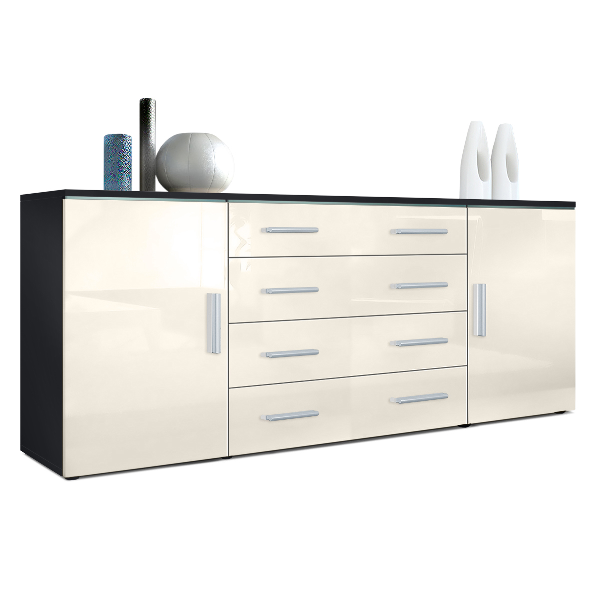 Sideboard Faro V2 mit 2 Türen und 4 Schubladen Schwarz matt/Creme Hochglanz (166 x 72 x 35)