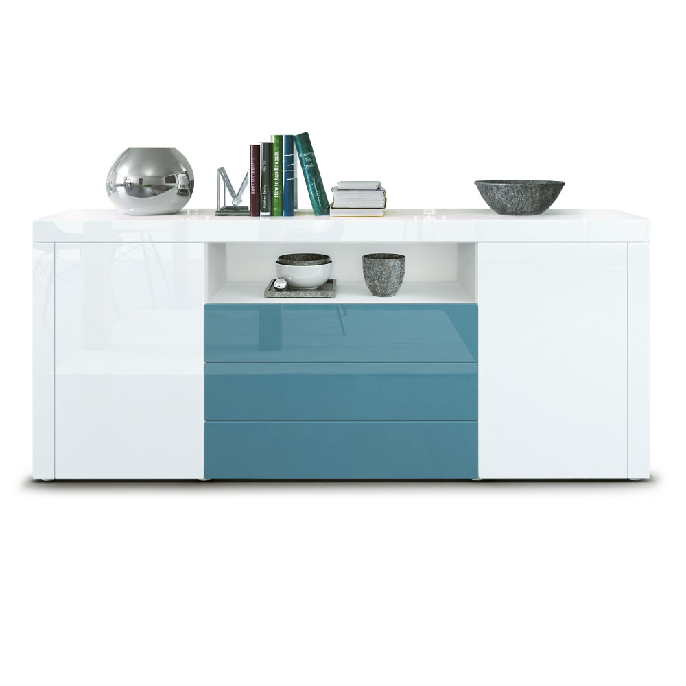 Sideboard Santiago mit 2 großen Türen und 3 Schubladen Weiß Hochglanz/Petrol Hochglanz (167 x 72 x 35 cm)