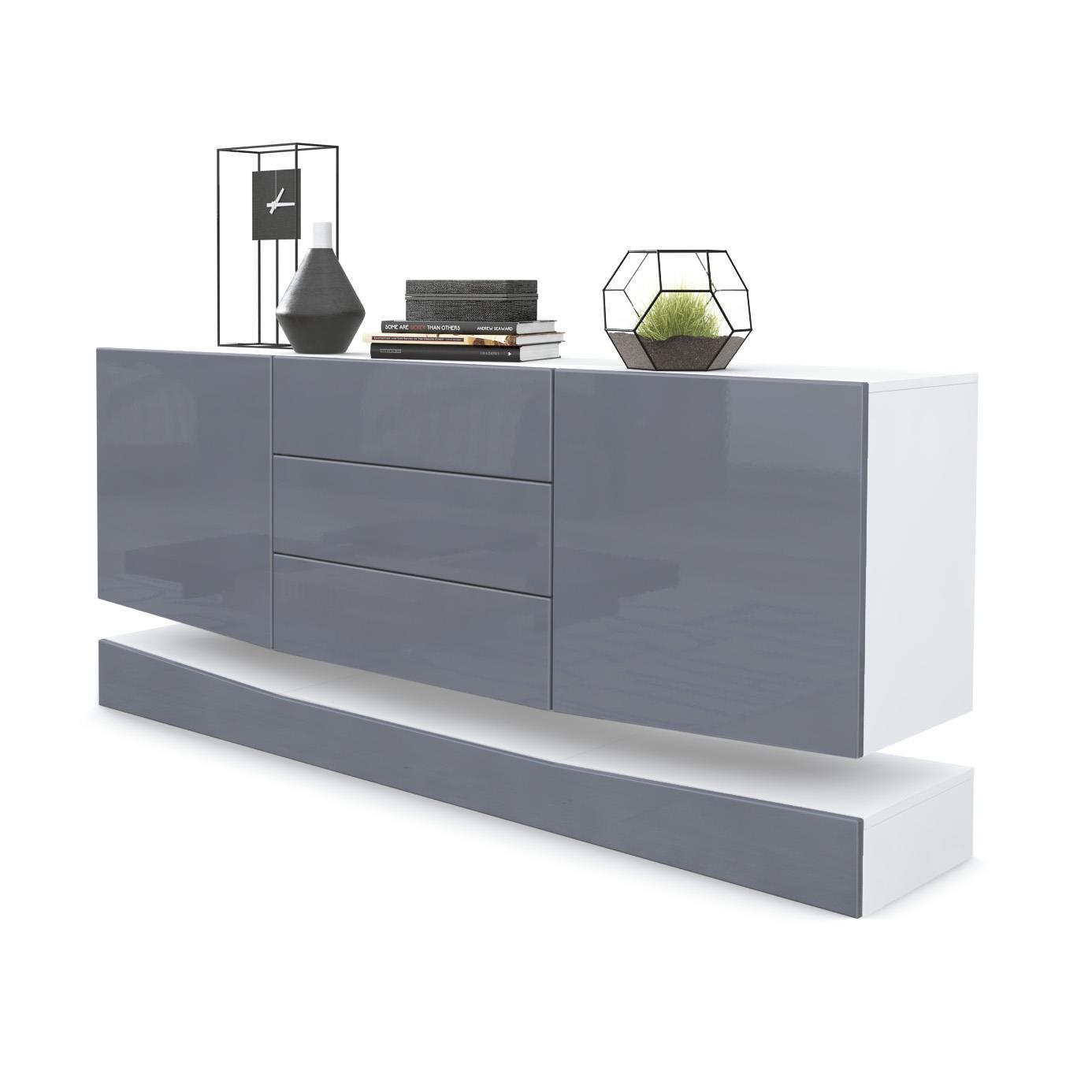 Sideboard City  mit 2 Türen und 3 Schubladen Weiß matt/Grau Hochglanz (178 x 72 x 38 cm)