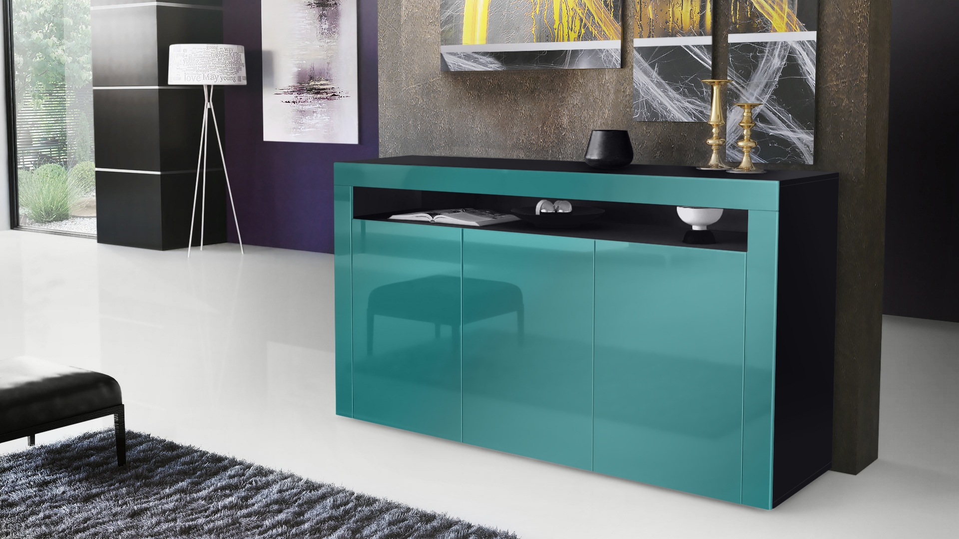 Sideboard Valencia mit 3 Türen und 1 offenem Fach Schwarz matt/Petrol Hochglanz/Petrol Hochglanz (155 x 92 x 40 cm)