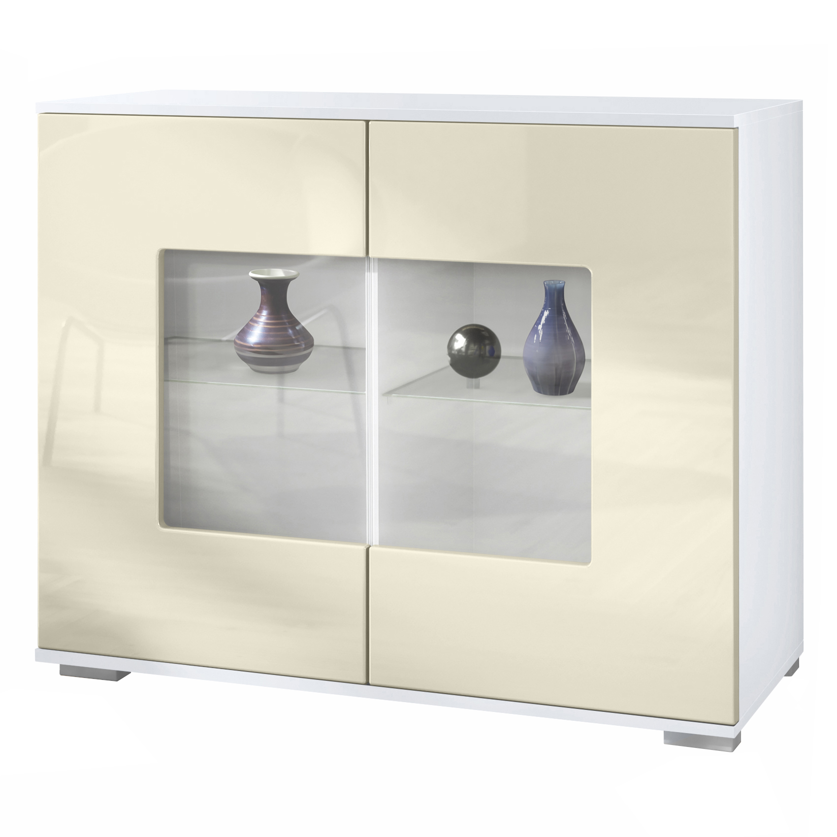 Grömitz V3 Kommode Weiß mit 2 großen Glastüren Weiß matt / Creme Hochglanz (92,5 x 75.5 x 35)