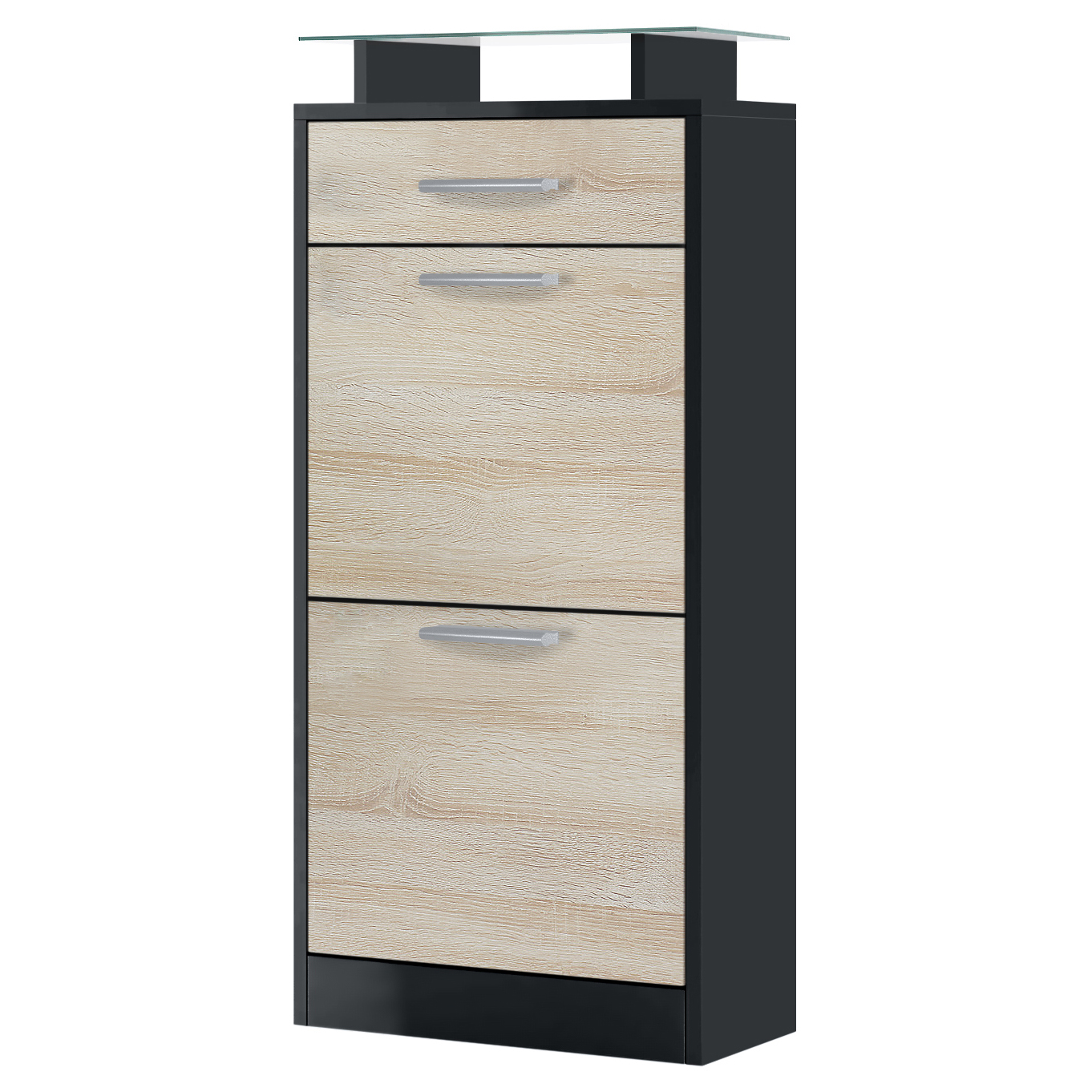 Schuhschrank Loret V2 mit 2 Klappen, 1 Schublade und Glasablage Schwarz matt/Eiche sägerau (46 x 104 x 23 cm)