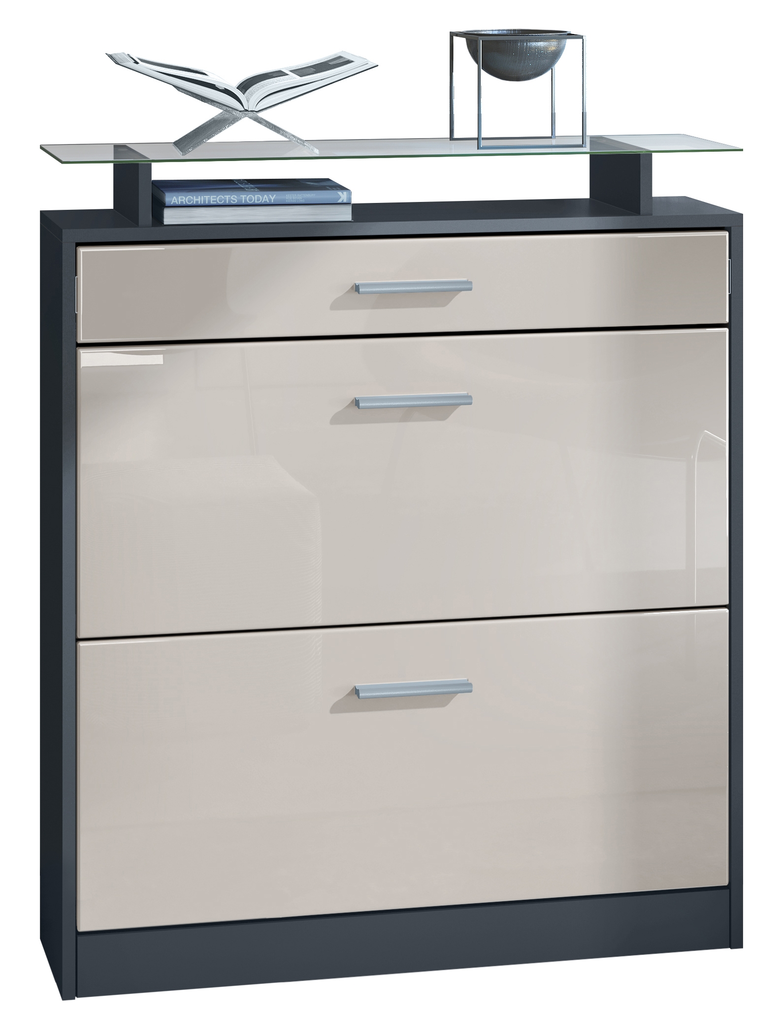 Schuhschrank Loret mit 2 Klappen und 1 Schublade und Glasablage  Anthrazit matt/Sandgrau Hochglanz (89 x 104 x 23 cm)