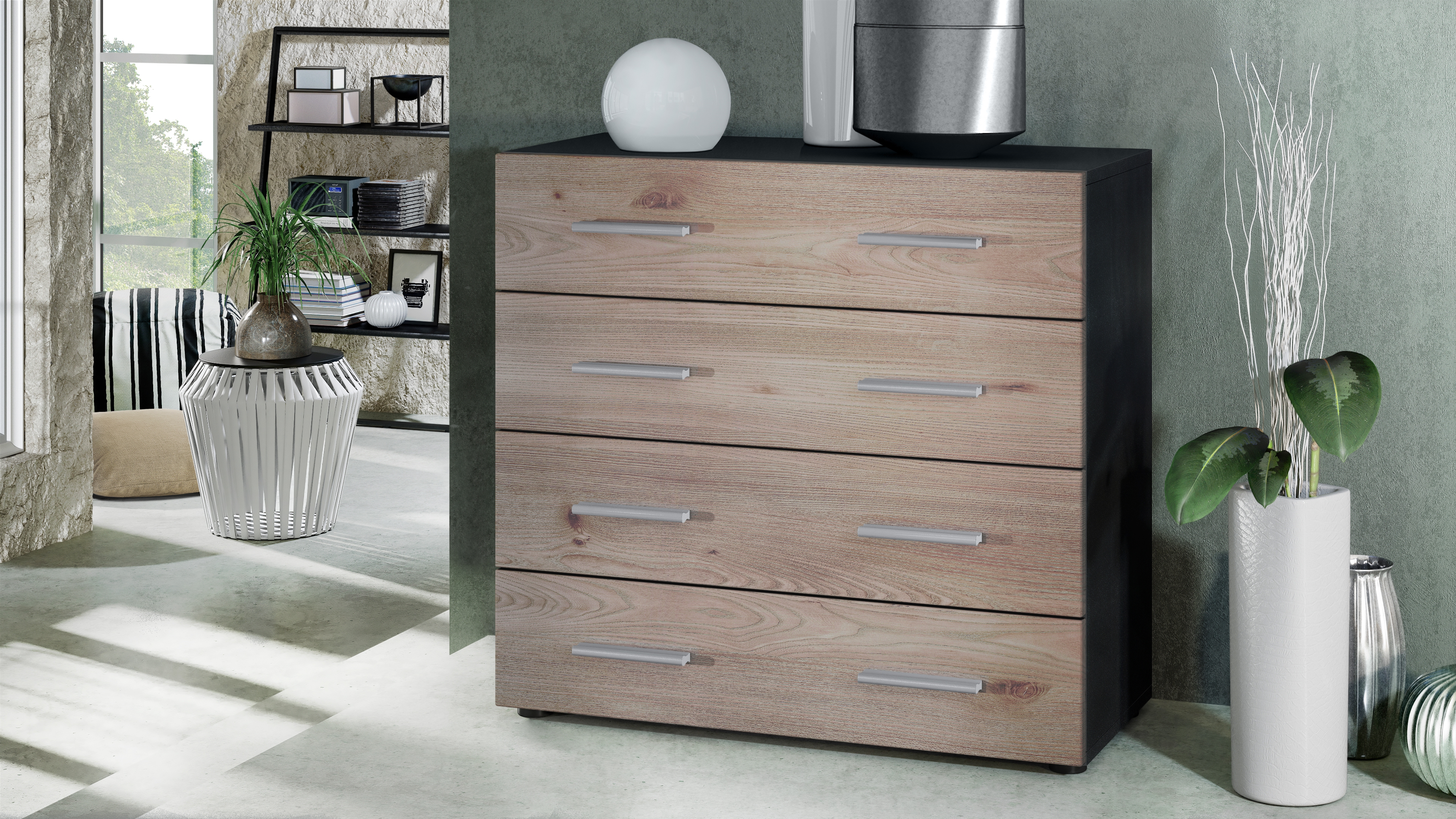 Kommode Pavos V1 ​mit 4 Schubladen Schwarz matt/Eiche Nordic (76 x 72 x 35 cm)