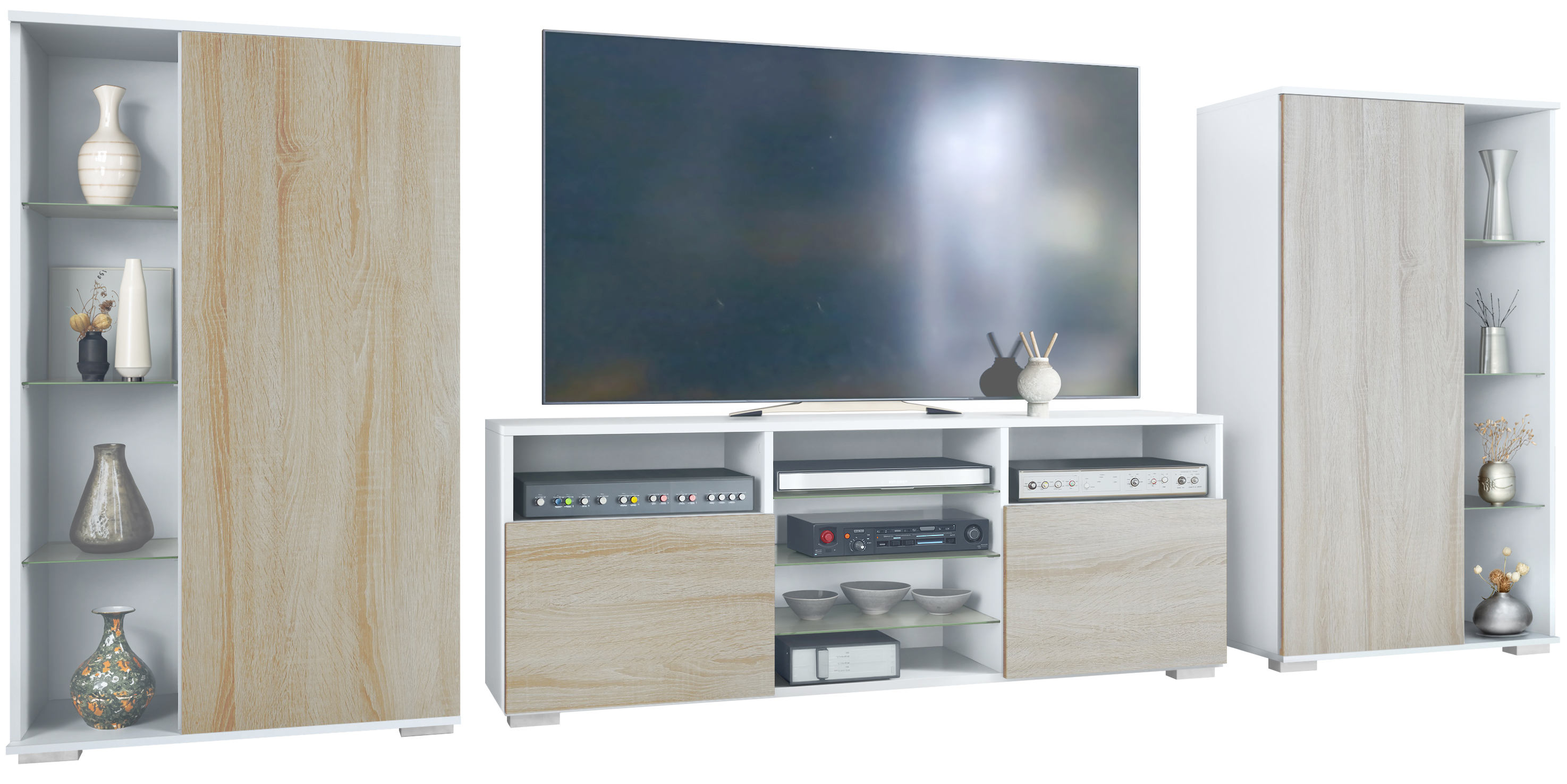 Wohnwand Davos 3-tlg. bestehend aus 2 Vitrinen und 1 TV-Board Weiß matt/Eiche sägerau (329 x 134 x 35 cm)