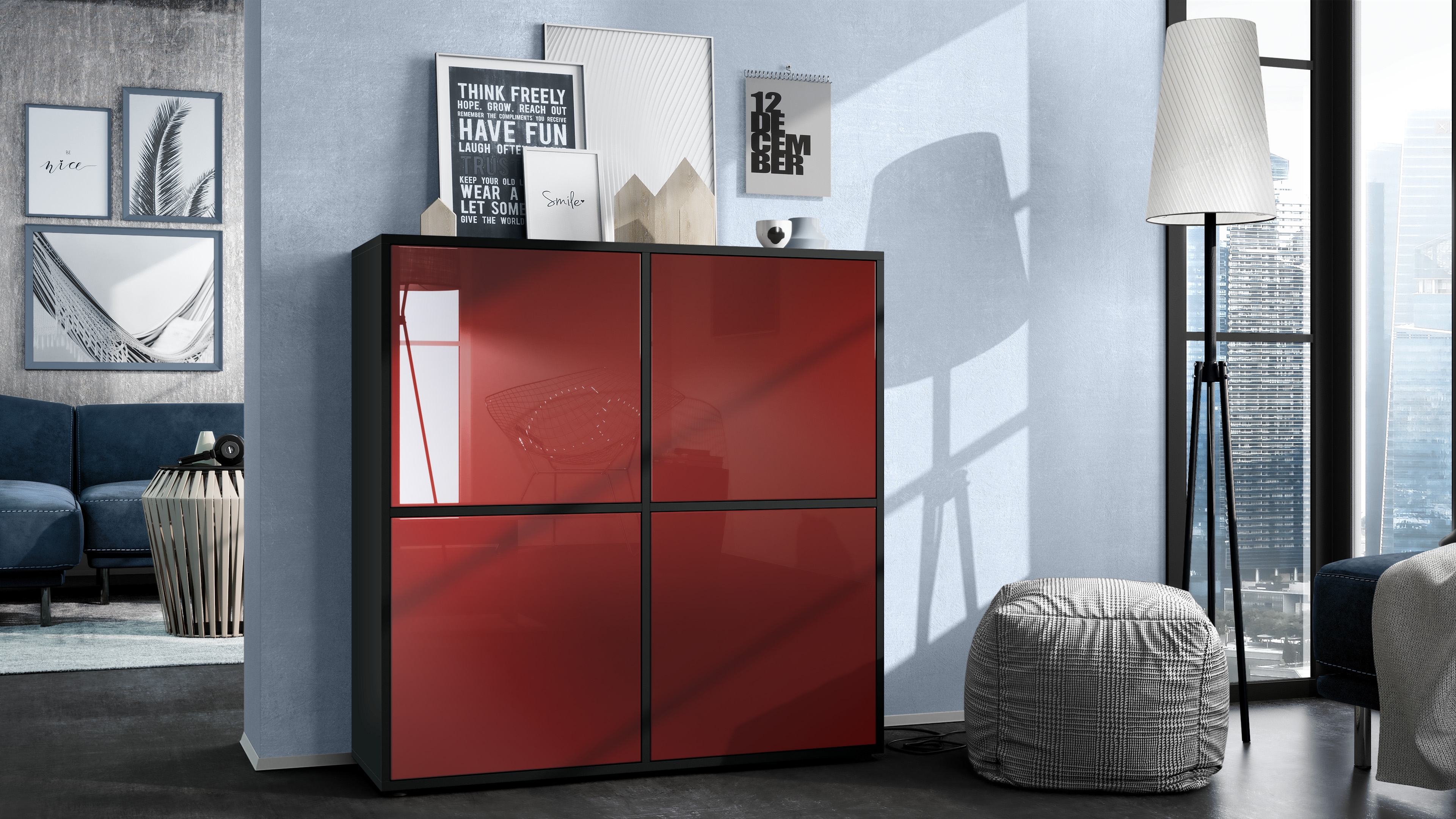 Highboard Cuba V2 Sideboard mit 4 Push-to-Open Türen, Made in Germany Schwarz matt / Bordeaux Hochglanz (104 x 105,5 x 35,5 cm)