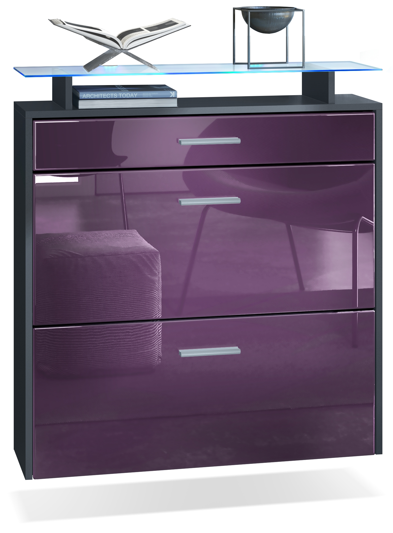 Schuhschrank Malea mit 2 Klappen und 1 Schublade und Glasablage Anthrazit matt/Brombeer glänzend, mit Beleuchtung blau (89x96x23 cm)