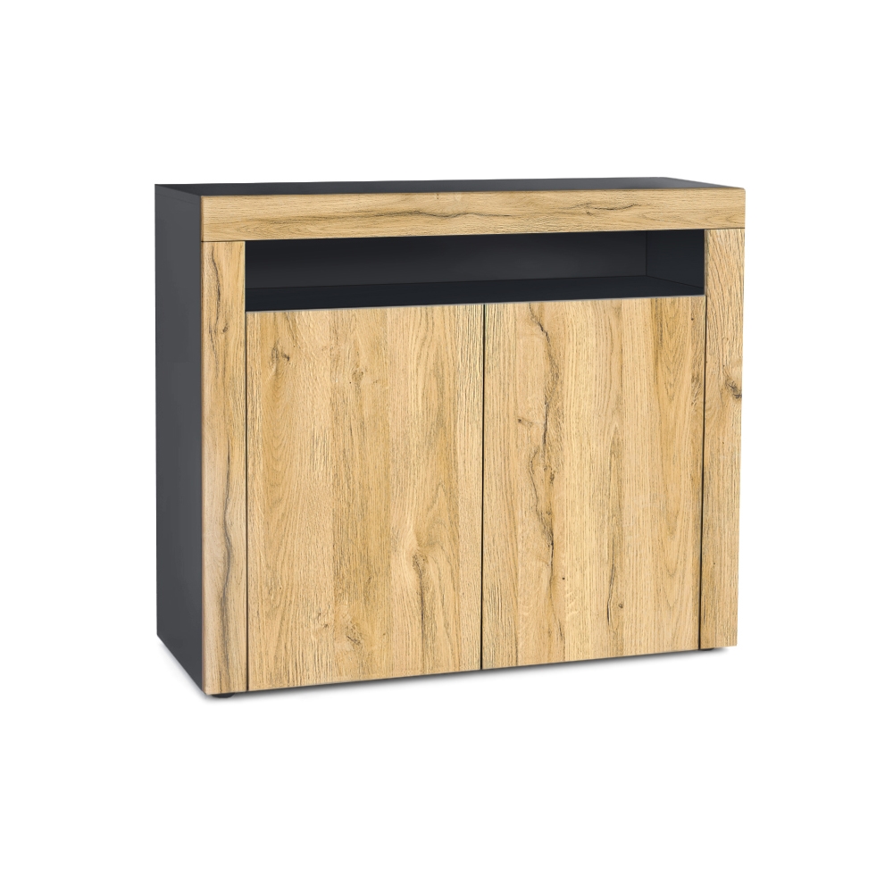 Kommode Valencia Sideboard mit 2 Türen und 1 offenem Fach Schwarz matt/Eiche Natur/Eiche Natur (108 x 92 x 40 cm)