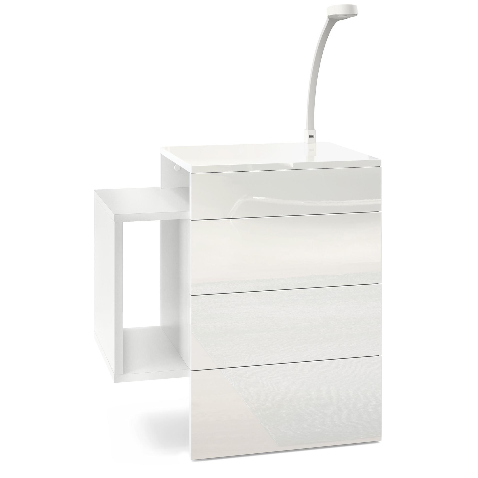 Nachttisch Queens und 1 seitlichem Fach zur Wandmontage Weiß matt/Weiß Hochglanz inkl. LED Flexi Lampe (60 x 63 x 36 cm)