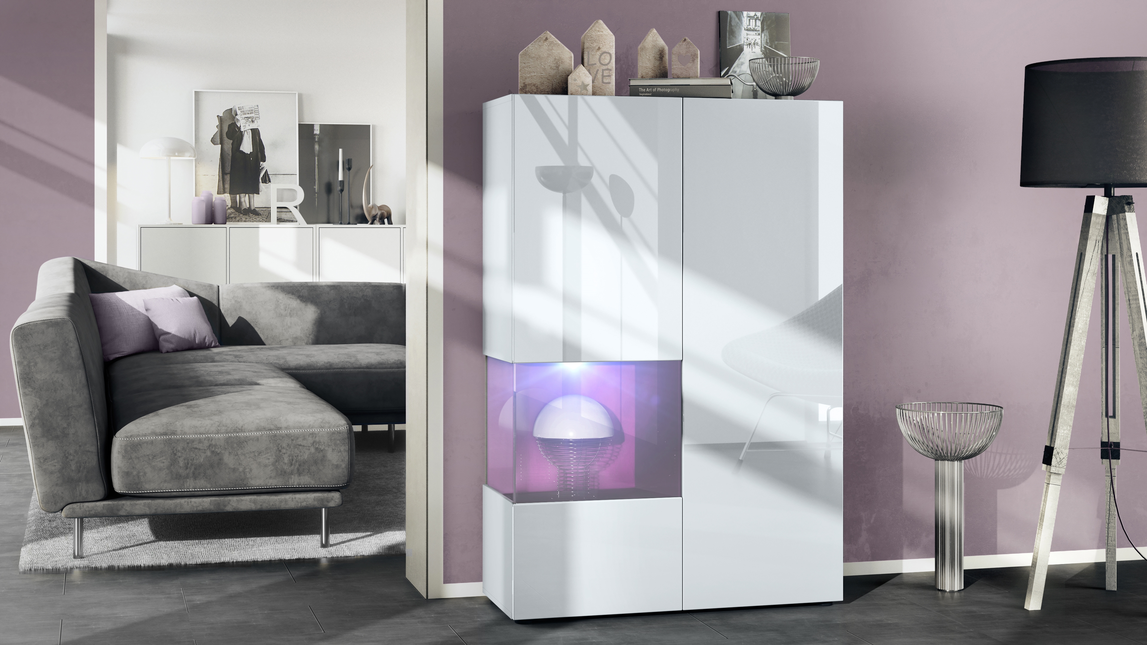 Vitrine Morena V2 mit 2 Türen und Glaseinsatz inkl. LED-Beleuchtung Weiß matt/Weiß Hochglanz/Brombeer Hochglanz (91,5 x 136,5 x 37 cm)