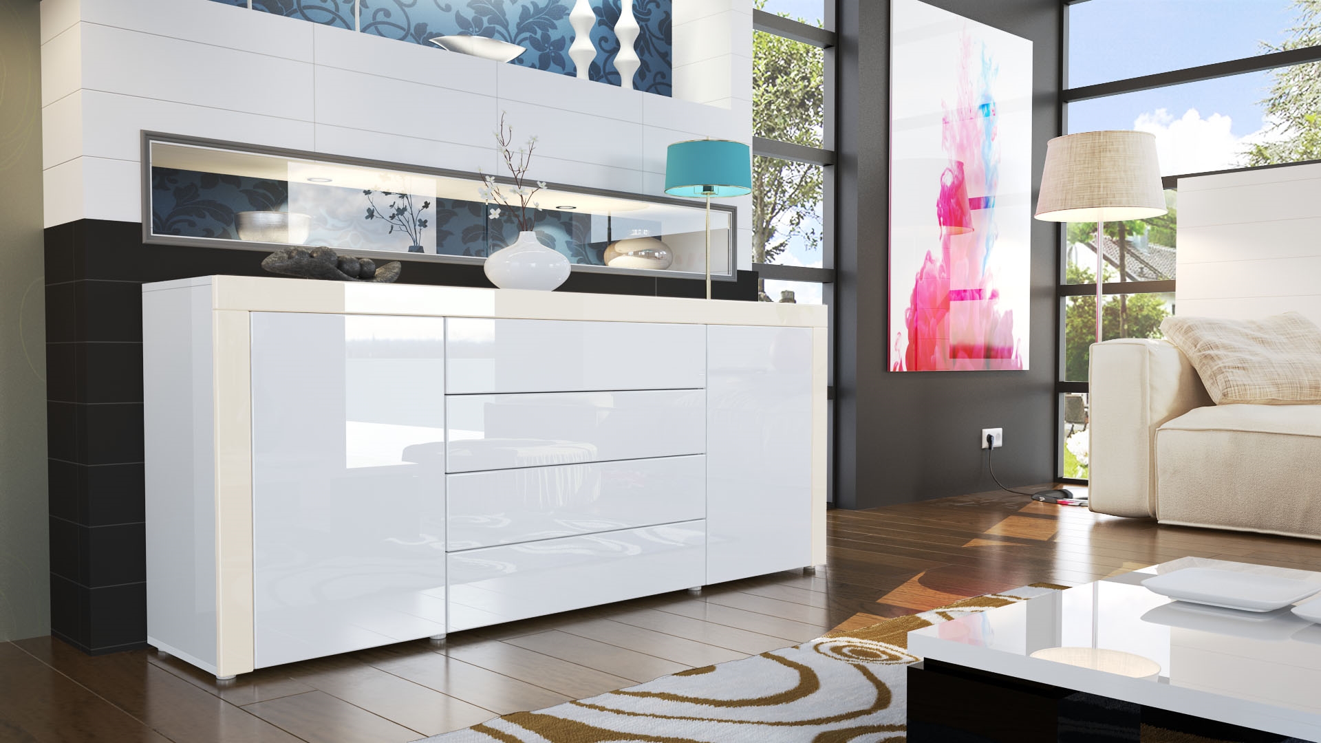 Sideboard La Paz mit 2 Türen und 4 Schubladen Weiß Hochglanz / Creme Hochglanz (167 x 72 x 35)