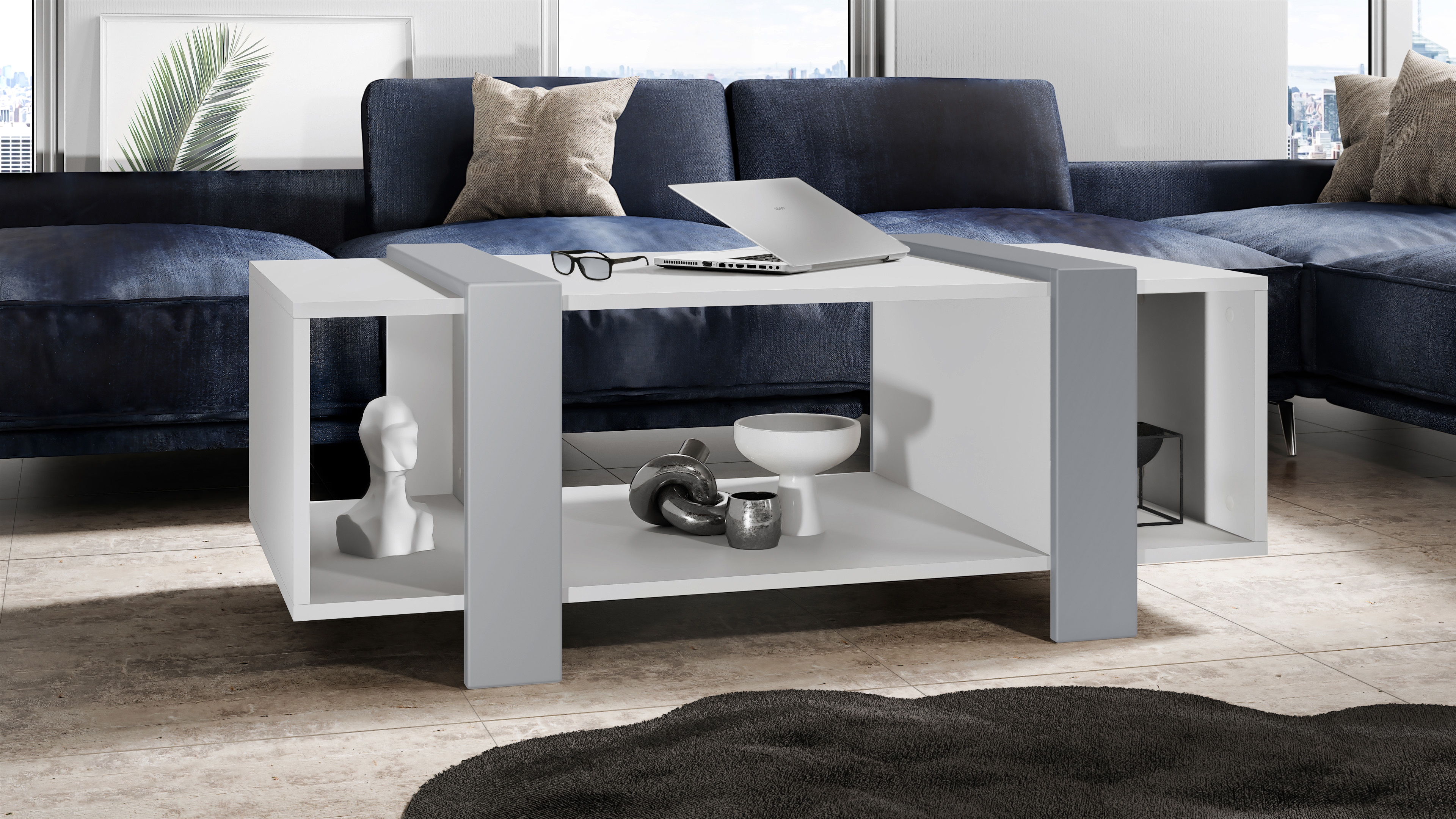 Couchtisch Ida  mit drei Fächern Weiß matt/Hellgrau seidenmatt (110,5 x 42 x 56,5 cm)