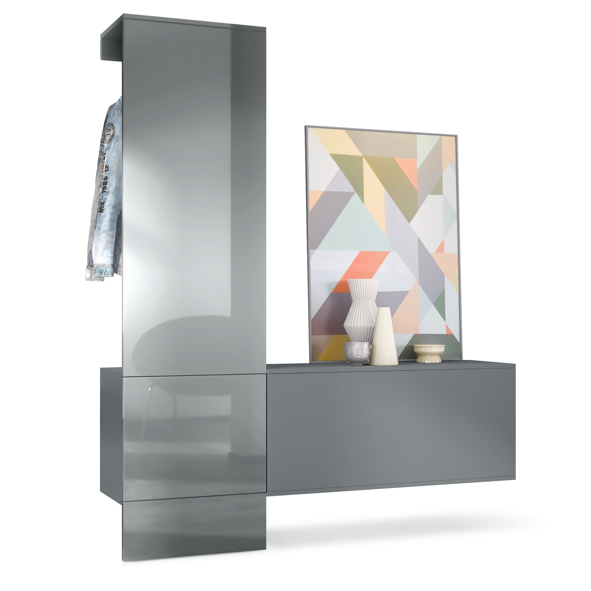 Garderobe Carlton Set 4 Anthrazit 3-tlg. 1 Paneel und 1 Schrankmodul Anthrazit matt/Grau Hochglanz (156,5 x 193 x 35 cm)