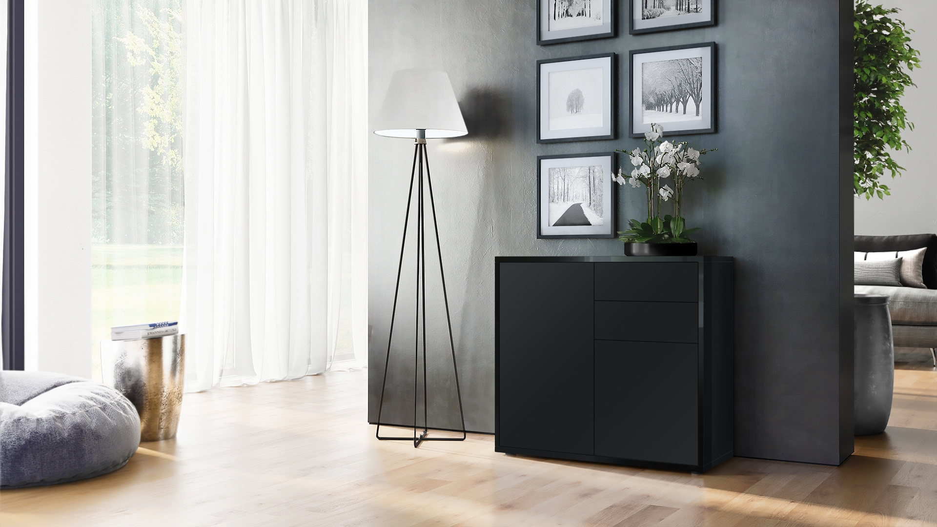 Kommode Ben  mit 2 Türen und 2 Schubladen Schwarz Hochglanz/Schwarz matt (79 x 74 x 36 cm)