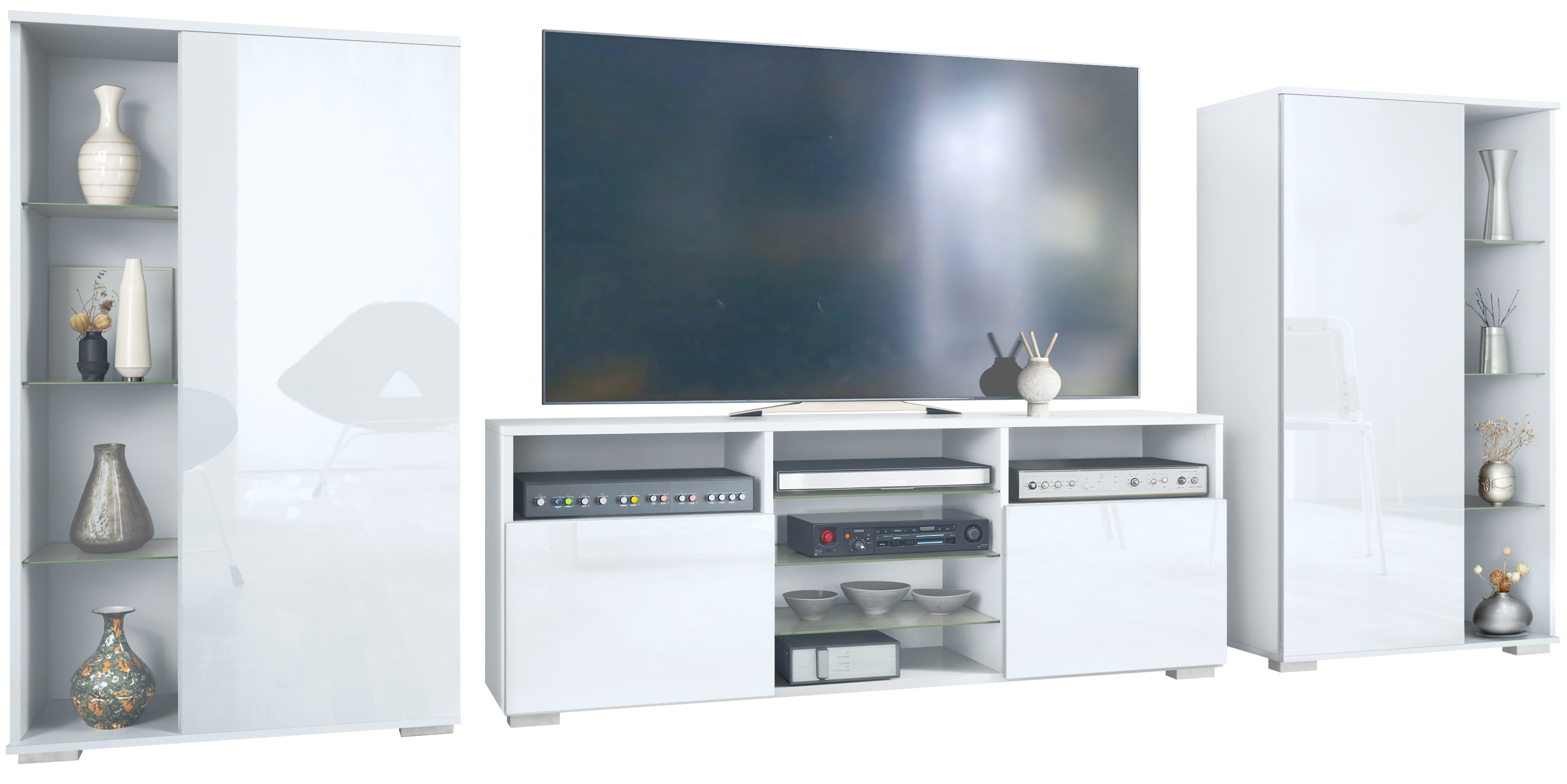 Wohnwand Davos 3-tlg. bestehend aus 2 Vitrinen und 1 TV-Board Weiß matt/Weiß Hochglanz (329 x 134 x 35 cm)