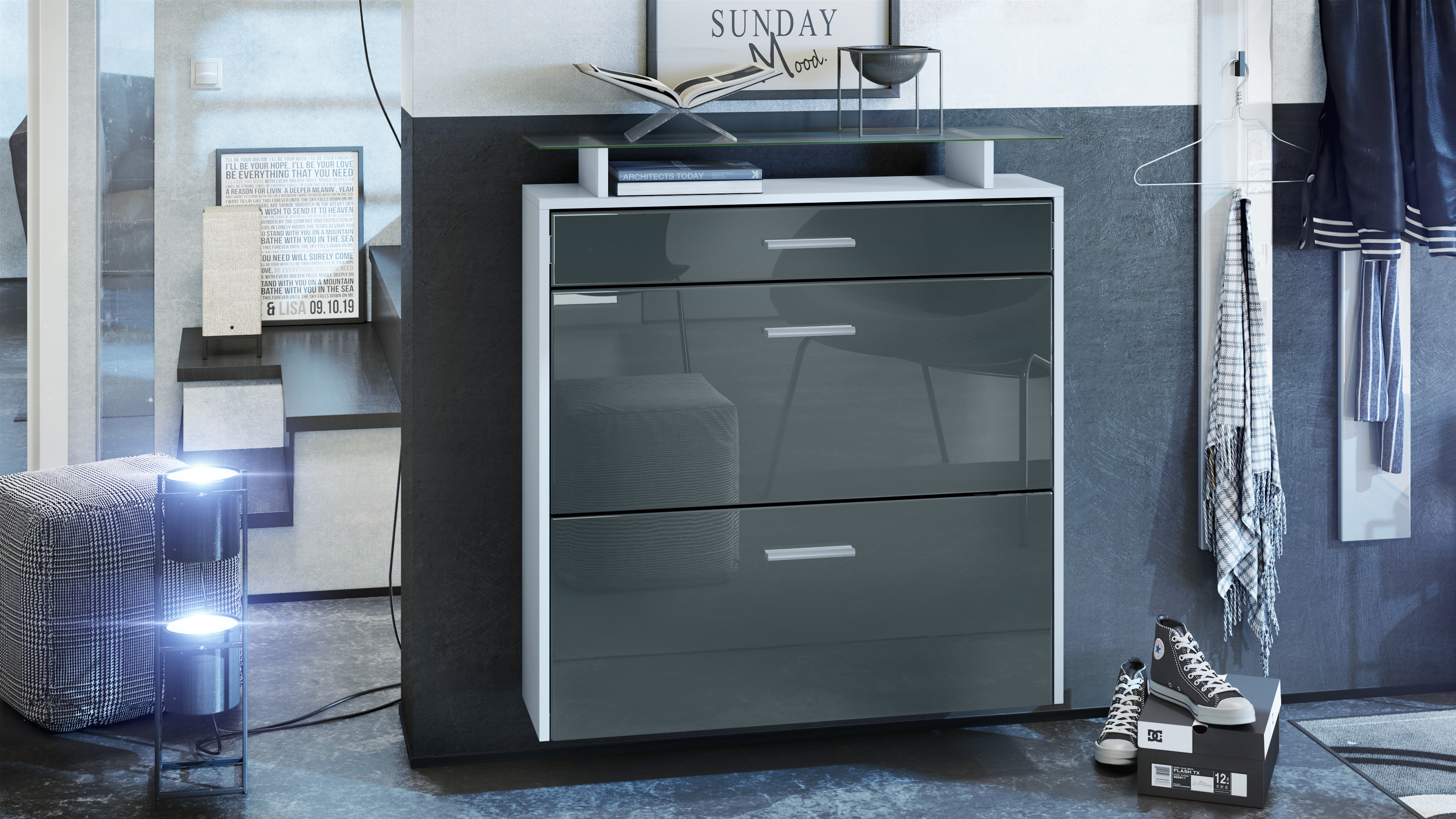 Schuhschrank Malea mit 2 Klappen und 1 Schublade und Glasablage Weiß matt/Grau Hochglanz (89 x 96 x 23 cm)