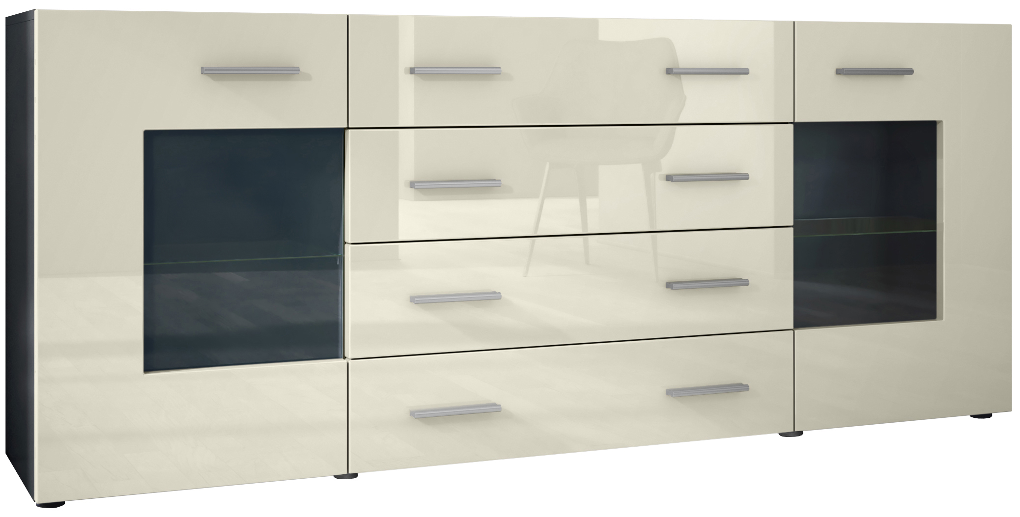 Sideboard Grömitz V2 4 Schubladen und 2 flexible Glaseinlegeböden Schwarz matt/Creme Hochglanz (166 x 72 x 35)