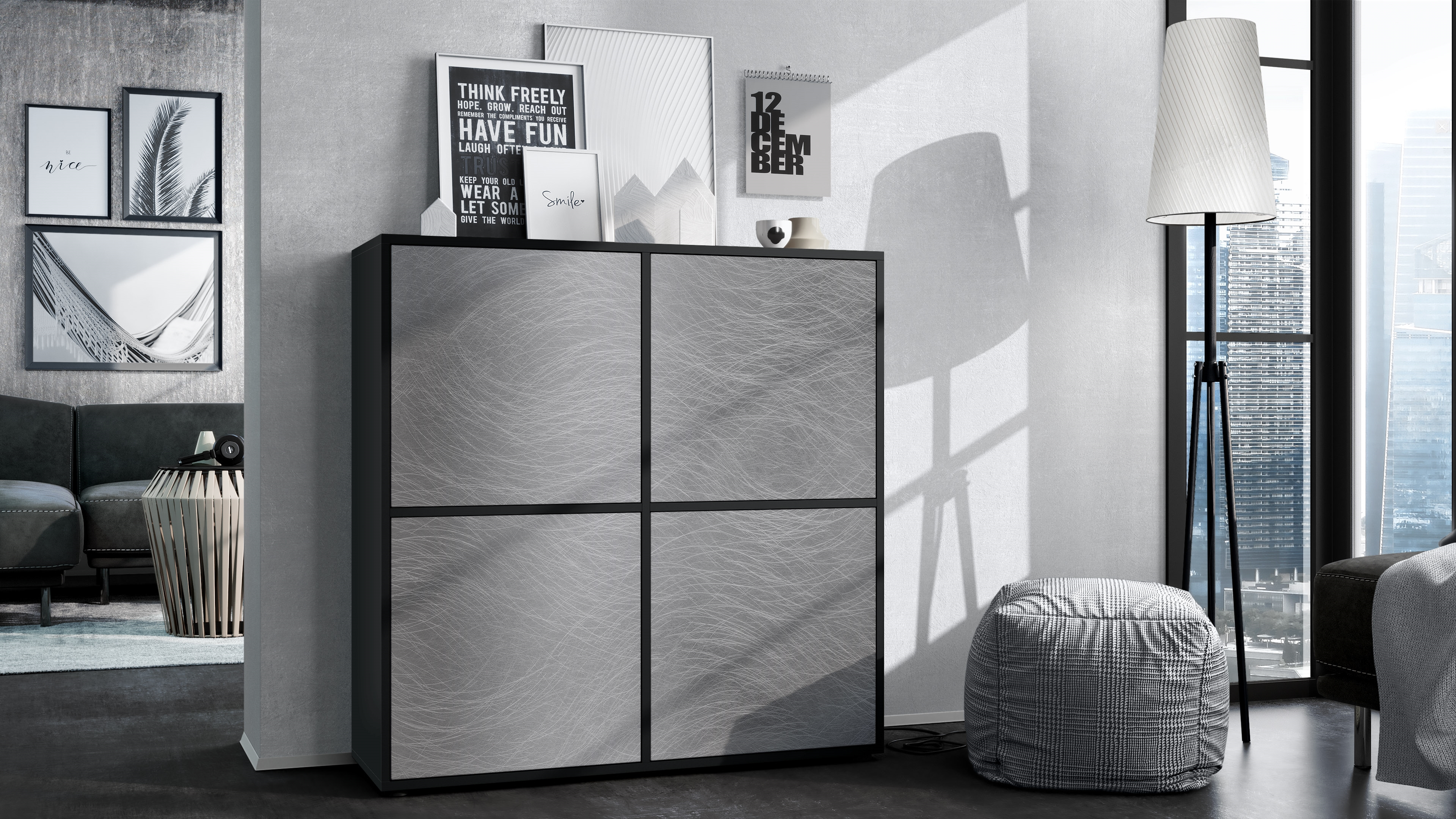 Highboard Cuba V2 104 x 105,5 x 35,5 cm Sideboard mit 8 Fächern Korpus in Schwarz matt / Fronten in Scratchy metal