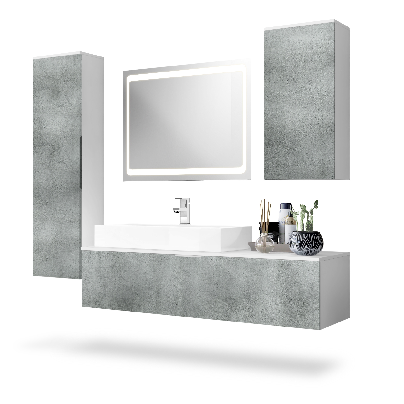 Badmöbel Beach LED-Spiegel, Waschbecken und Armatur Korpus Weiß matt/Fronten Beton Dunkel Optik (189 x 193 x 51 cm) Badmöbel Beach LED-Spiegel, Waschbecken und Armatur Korpus Weiß matt/Fronten Beton Dunkel Optik (189 x 193 x 51 cm)