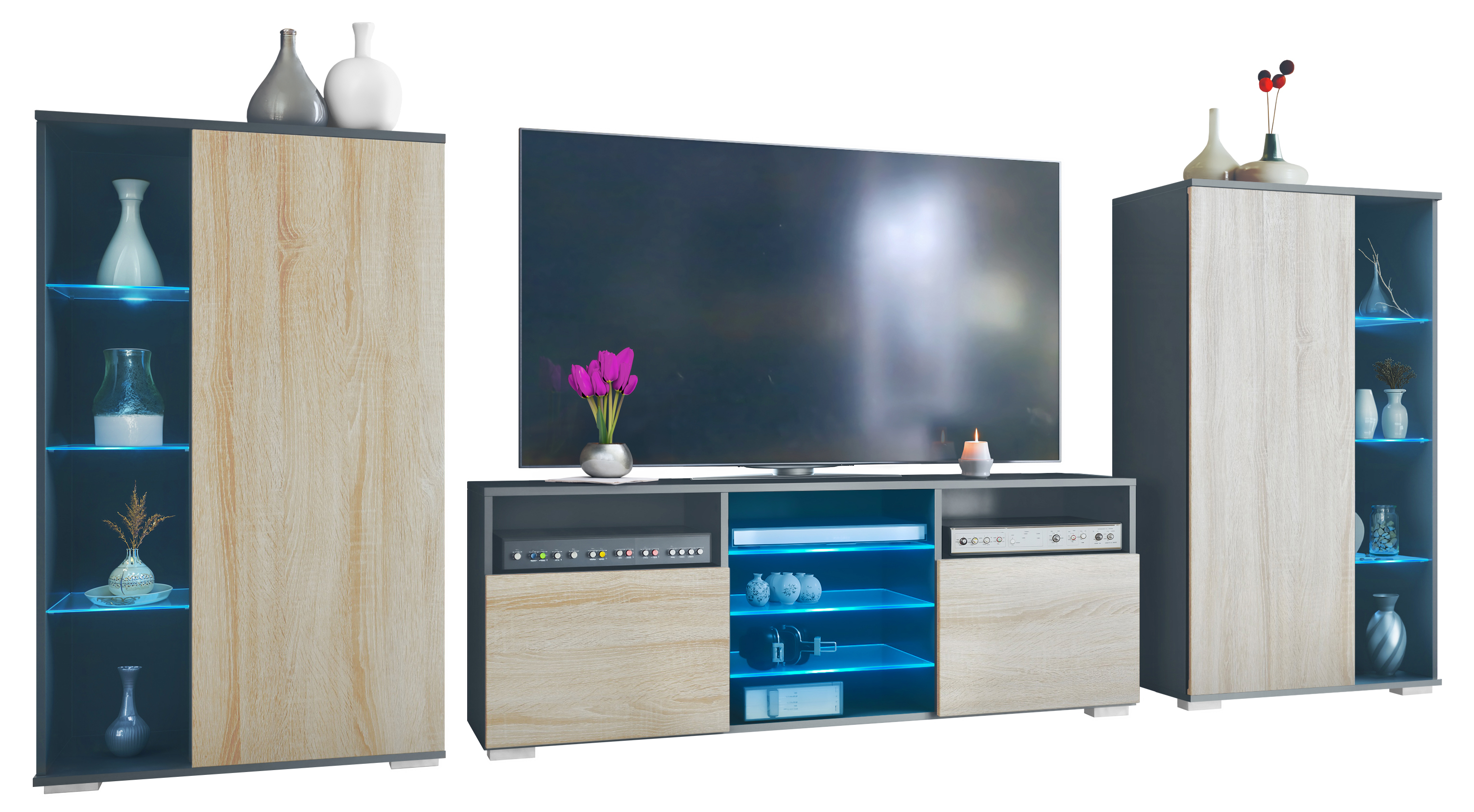 Wohnwand Davos LED 3-tlg. bestehend aus 2 Vitrinen, 1 TV-Board und LED-Beleuchtung Anthrazit matt/Eiche sägerau (329 x 134 x 35 cm)