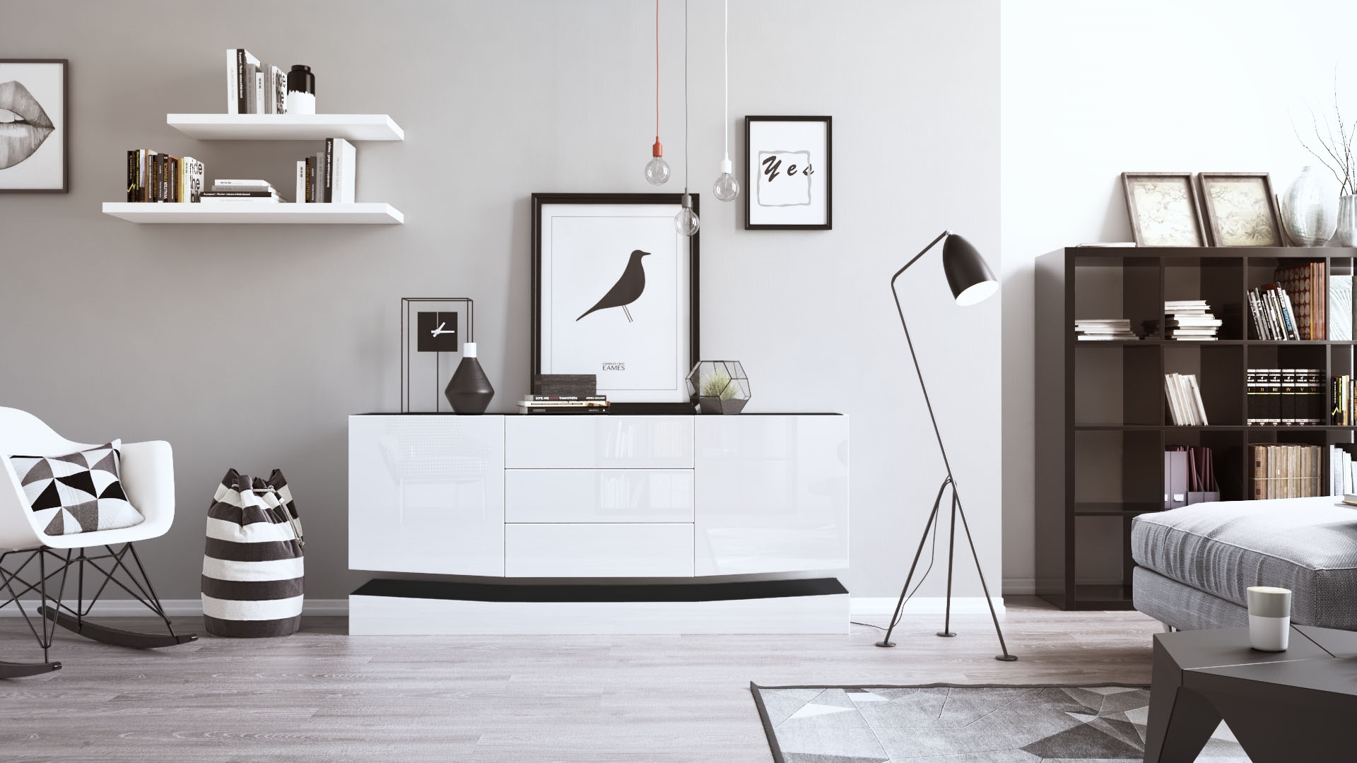 Sideboard City  mit 2 Türen und 3 Schubladen Schwarz matt/Weiß Hochglanz (178 x 72 x 38 cm)