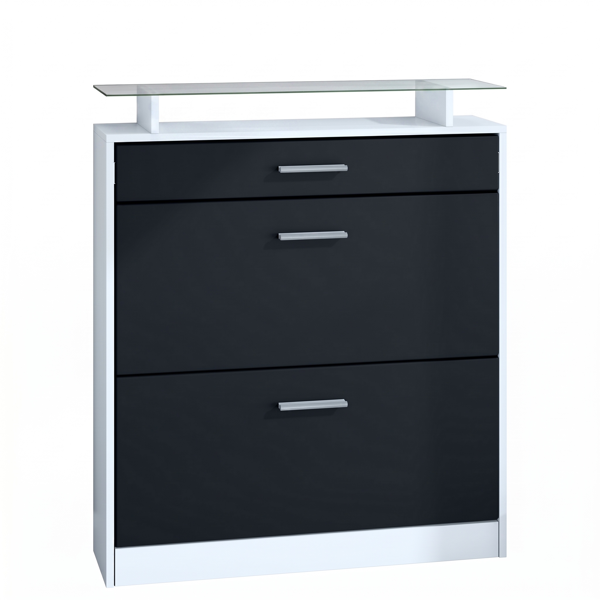 Schuhschrank Loret mit 2 Klappen und 1 Schublade und Glasablage Weiß matt/Schwarz matt (89 x 104 x 23 cm)