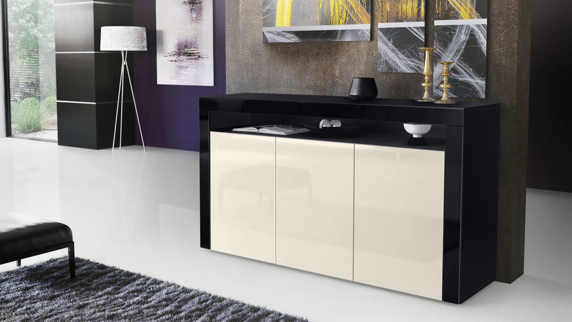 Sideboard Valencia mit 3 Türen und 1 offenem Fach Schwarz matt/Creme Hochglanz/Schwarz Hochglanz (155 x 92 x 40 cm)