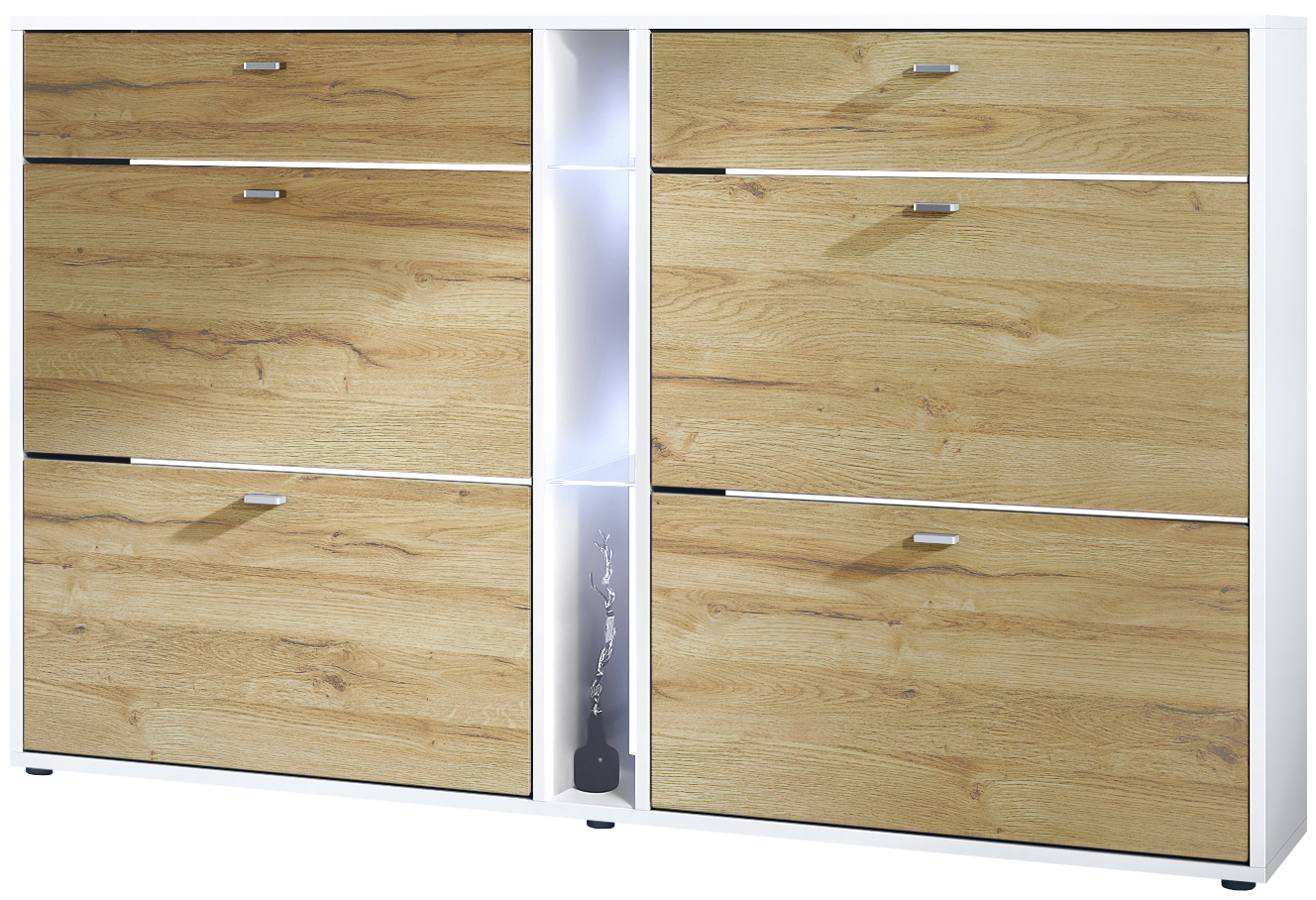 Today Schuhschrank 2 Schubladen und 3 offene Fächer inkl. Beleuchtung Weiß matt/Eiche Natur (155,5 x 95 x 28 cm)