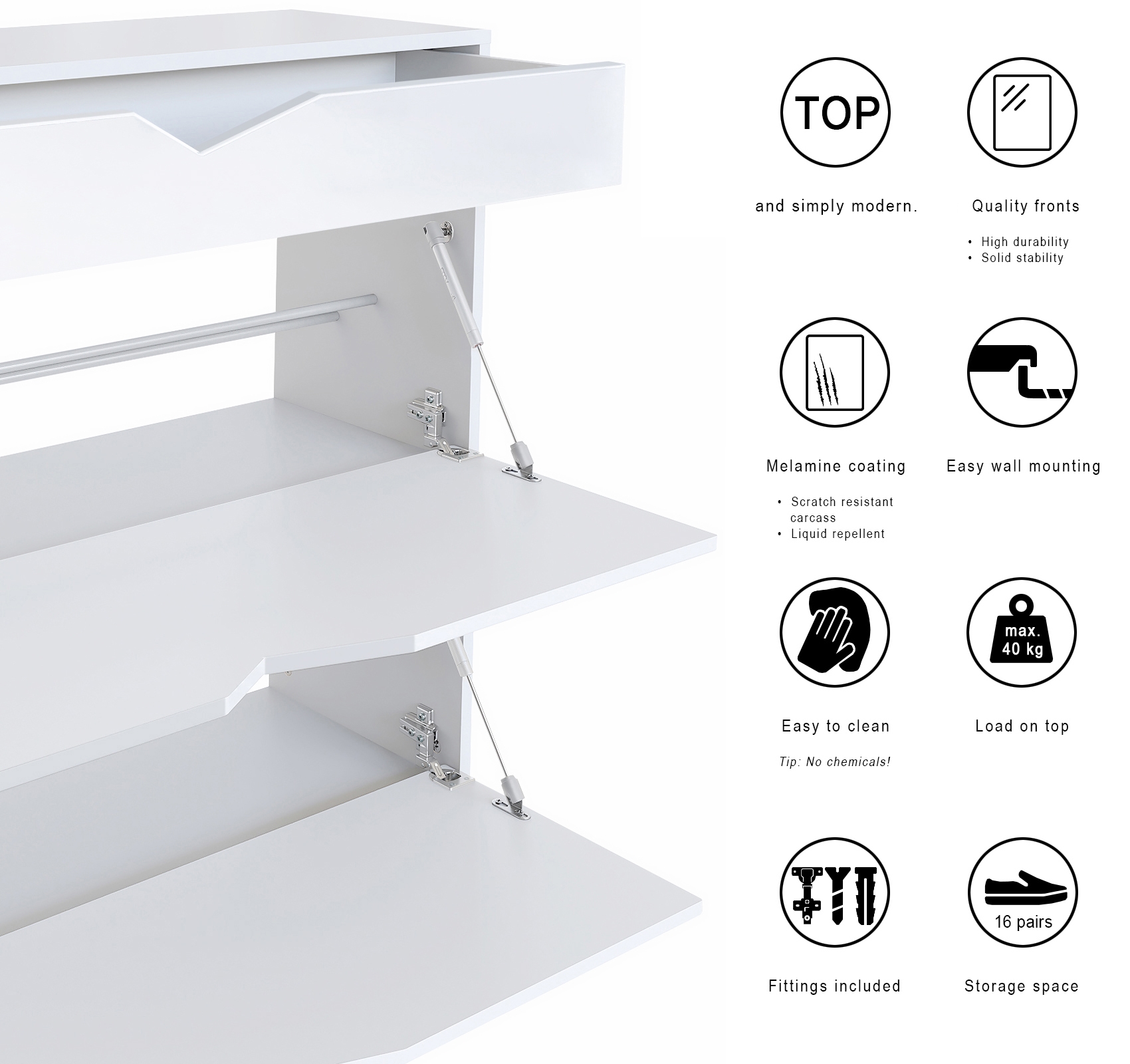 Garderobenset Kolmio 1 Schuhbank, 1 Spiegel und 1 Wandgarderobe Weiß matt (190 x 185 x 33 cm)