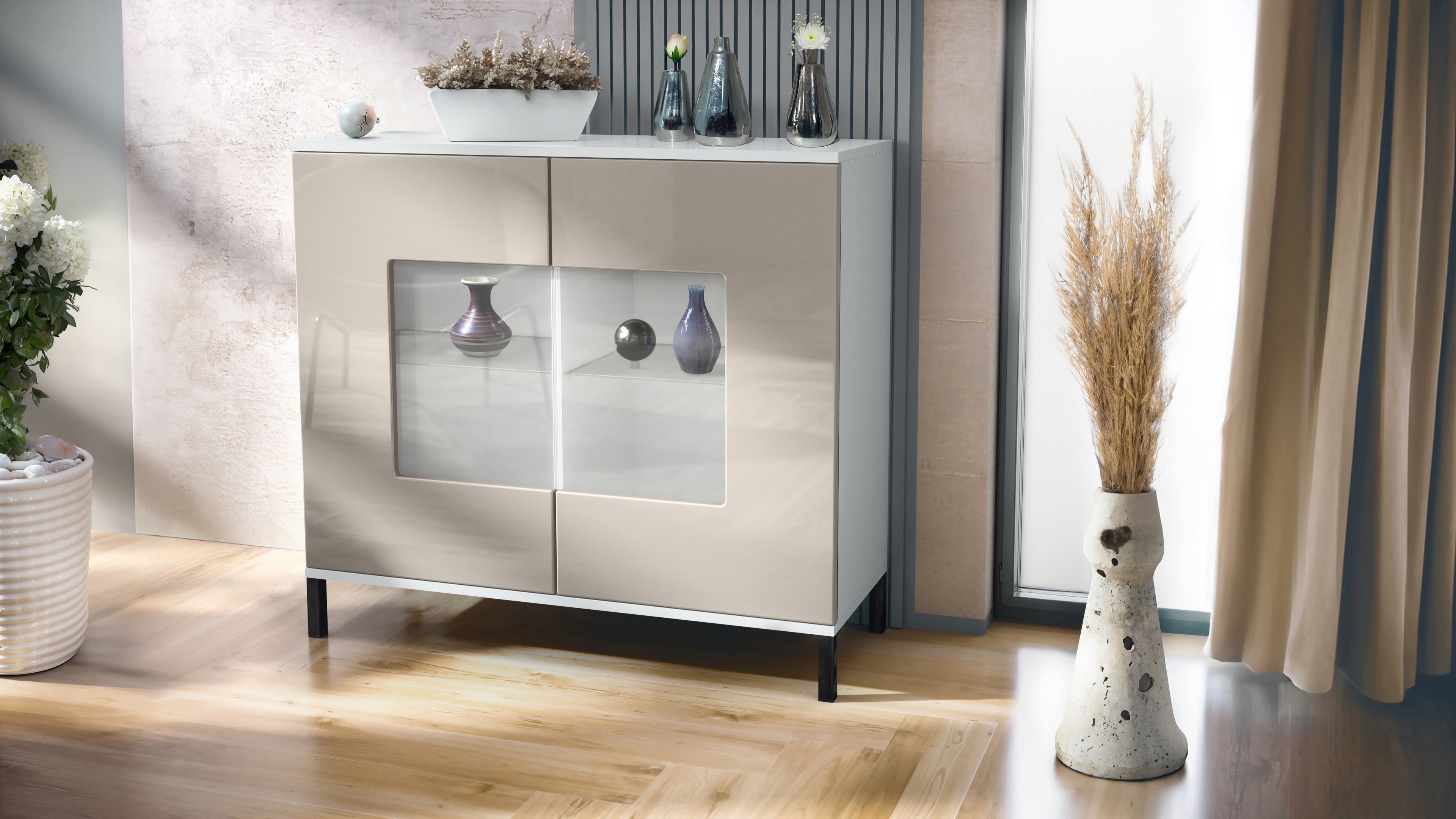 Grömitz V3 Kommode Weiß mit 2 großen Glastüren Weiß matt / Sandgrau Hochglanz (92,5 x 83.5 x 35)