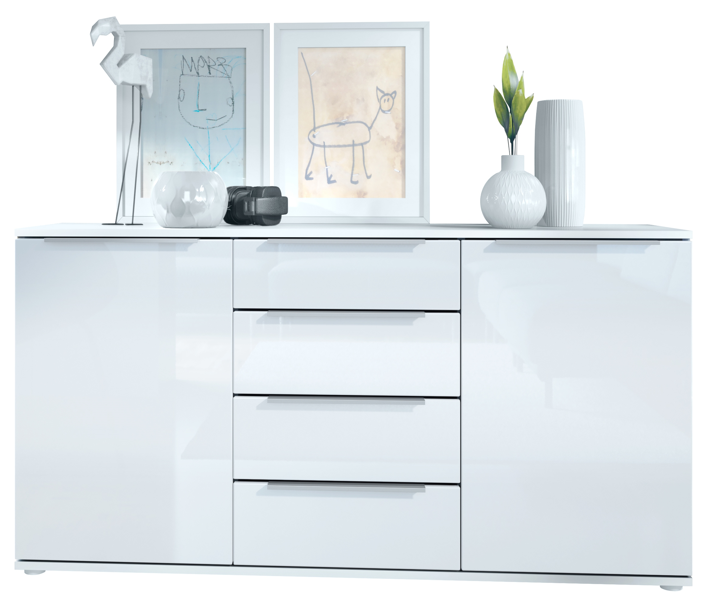 Linio V1 Sideboard  mit 2 Türen und 4 Schubladen Weiß matt/Weiß Hochglanz (139 x 72,5 x 35 cm)