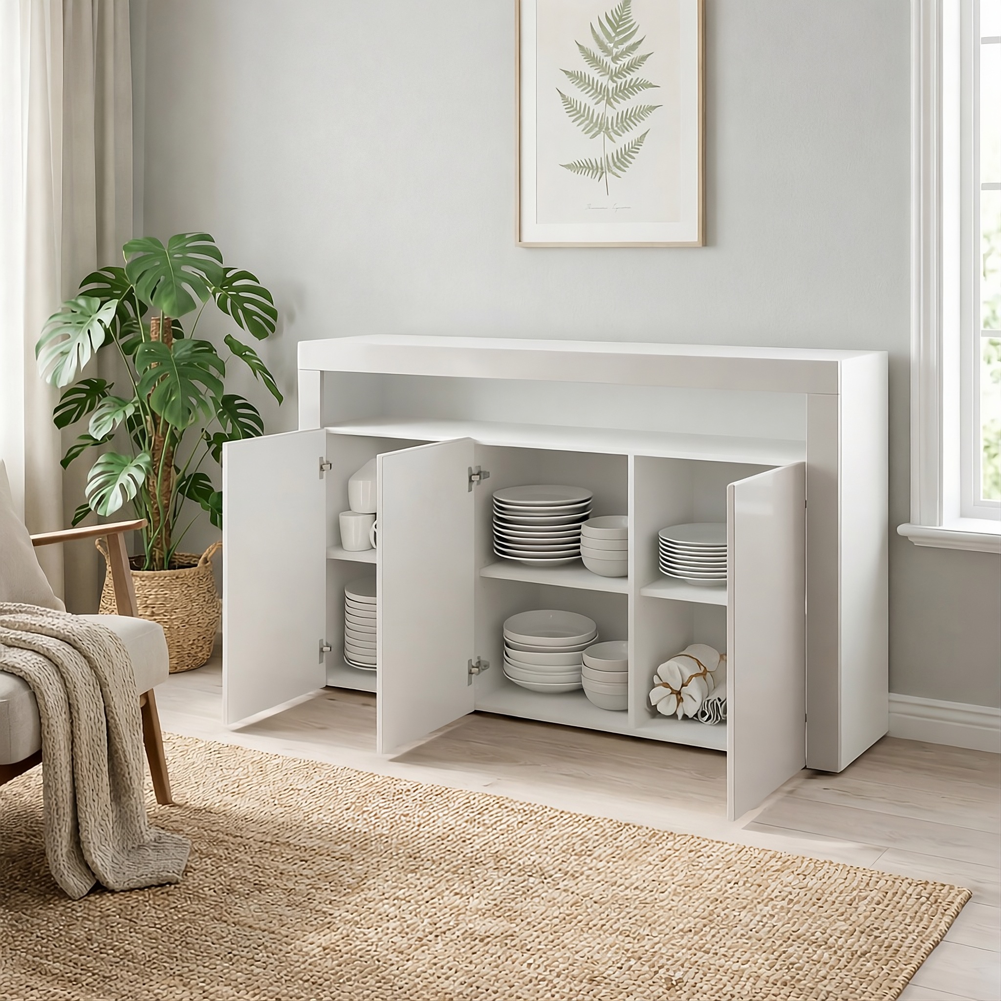 Sideboard Valencia mit 3 Türen und 1 offenem Fach Weiß / Avola-Anthrazit/ (155 x 92 x 40 cm)