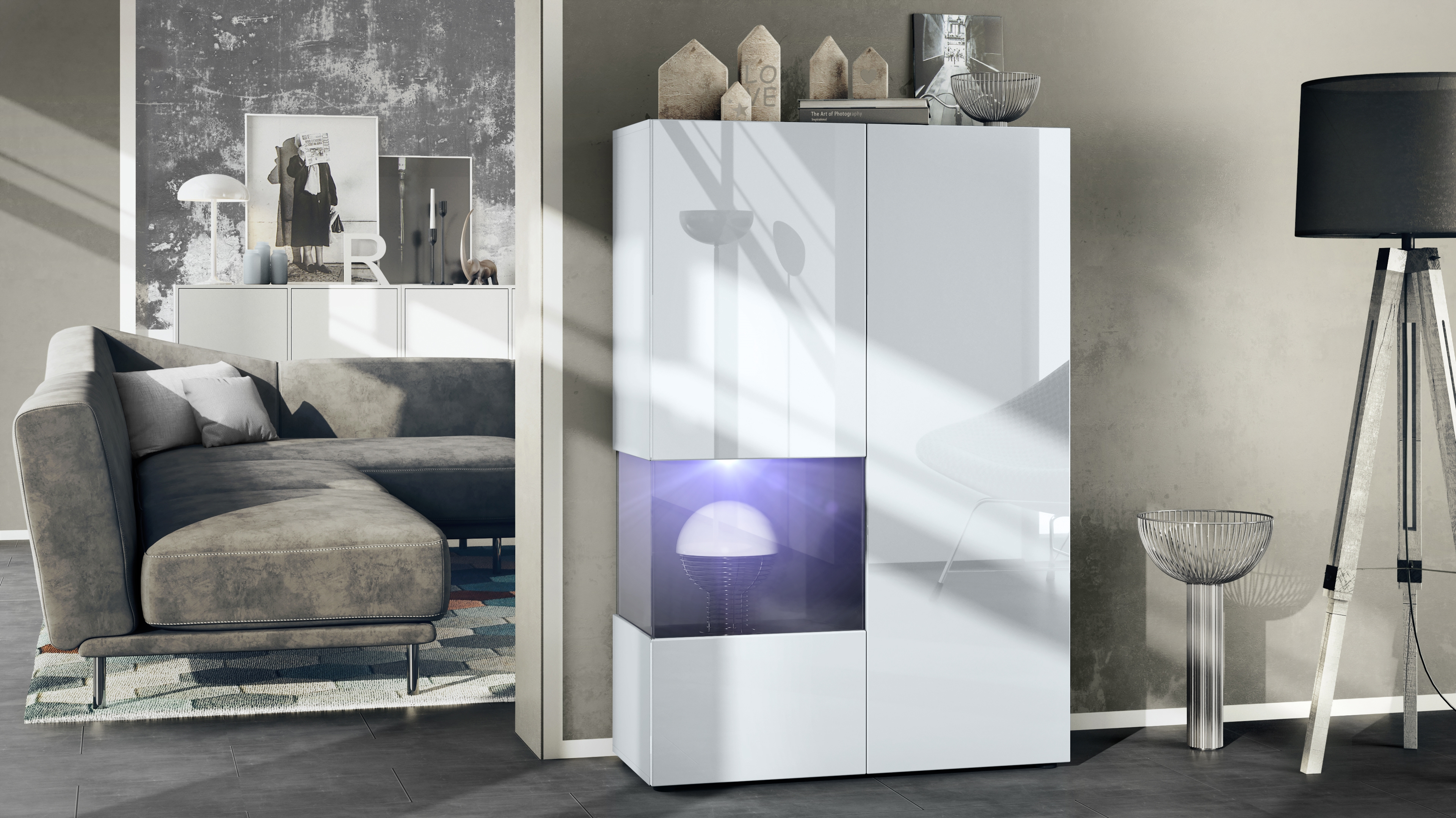 Vitrine Morena V2 mit 2 Türen und Glaseinsatz inkl. LED-Beleuchtung Weiß matt/Weiß Hochglanz/Schwarz matt (91,5 x 136,5 x 37 cm)