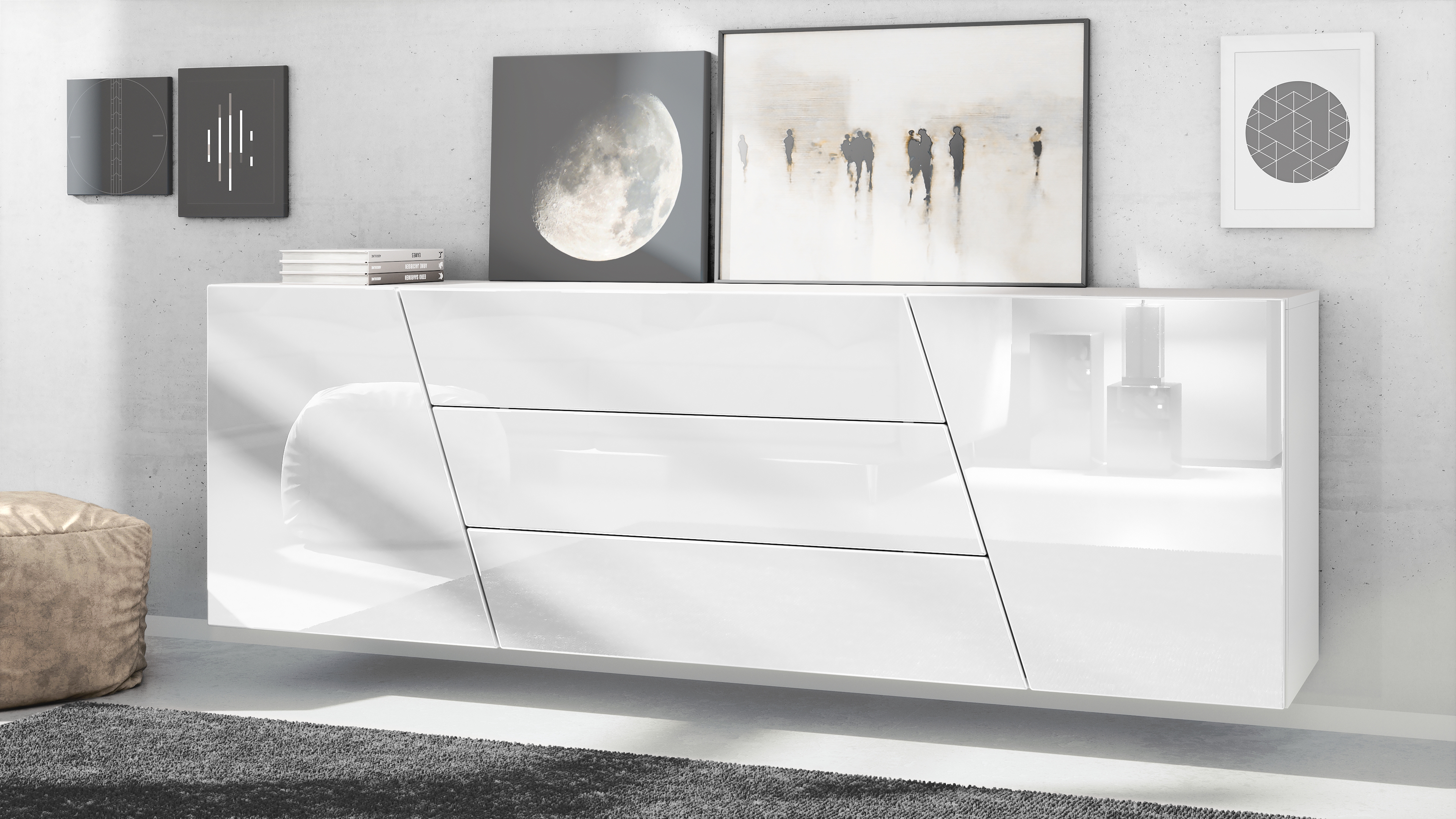 Houston Sideboard hängend mit 2 Türen und 3 Schubladen Weiß matt/Weiß Hochglanz (178 x 57,5 x 38,5 cm)