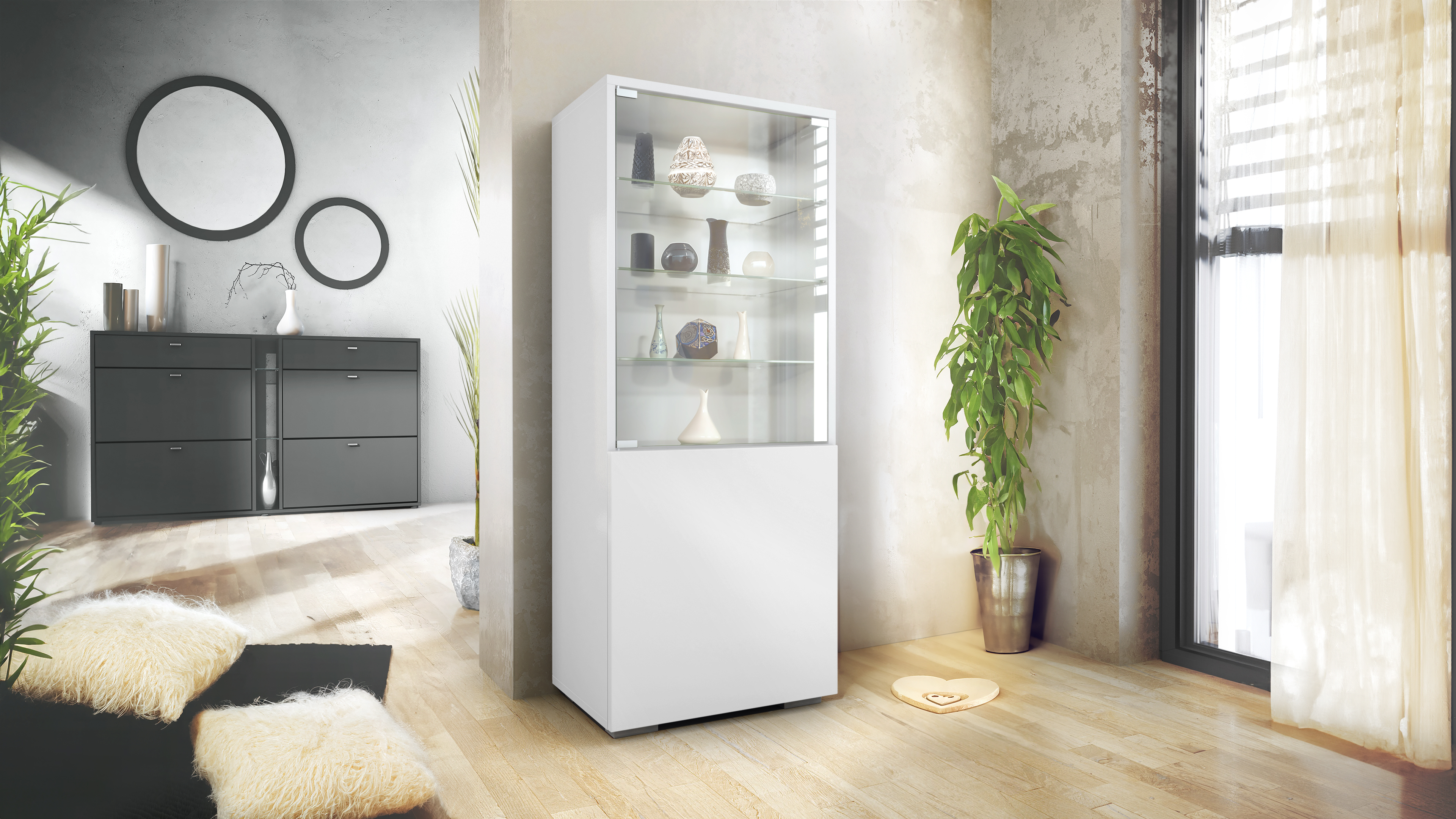 Granada Vitrine Weiß mit Glastür und Glaseinsatz Weiß matt/Weiß matt (50 x 122,5 x 34,5 cm)