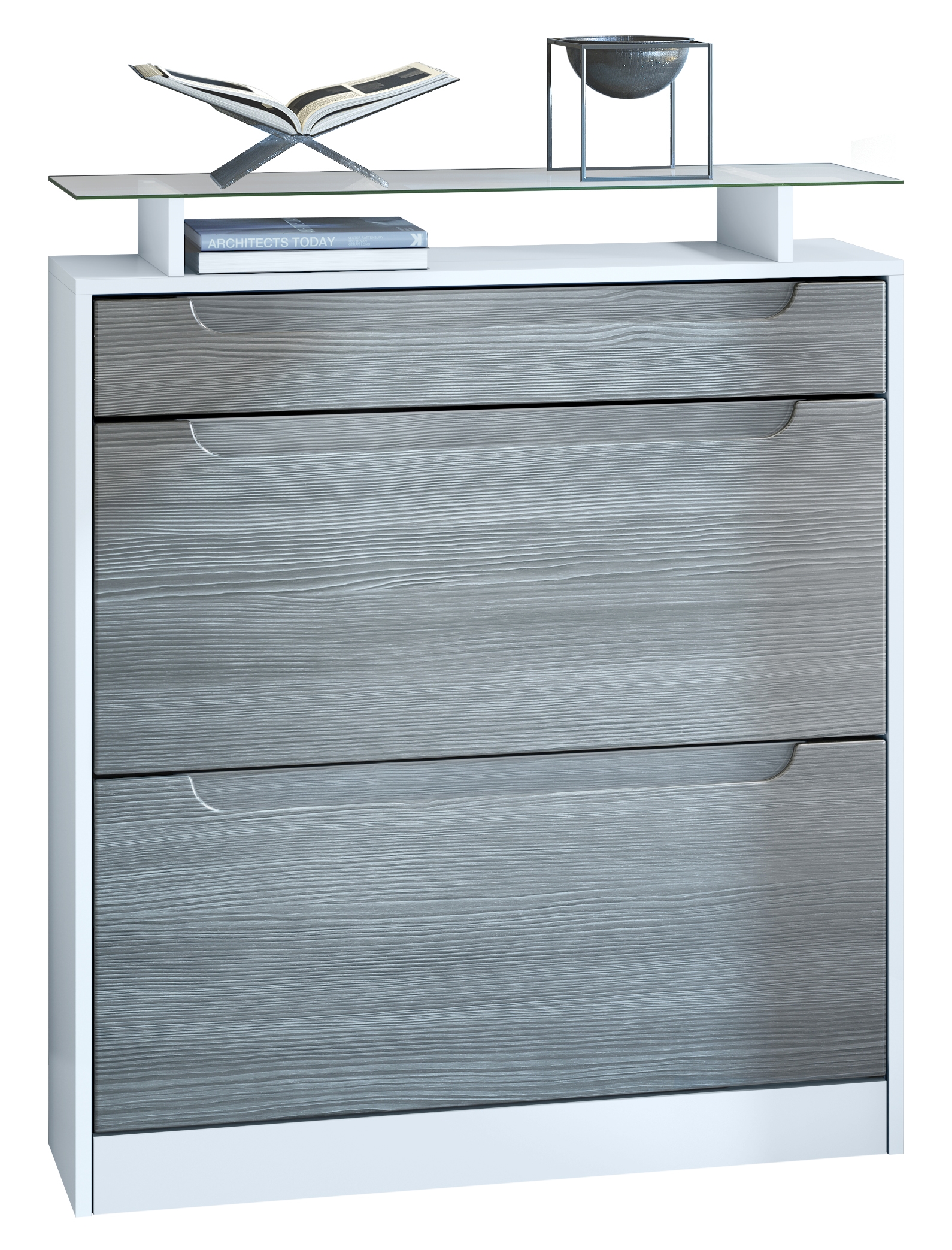 Schuhschrank Fiesta mit 2 Klappen, 1 Schublade und Glasablage Weiß matt/Avola Anthrazit, Mulden in Avola-Anthrazit (89x104x23 cm)