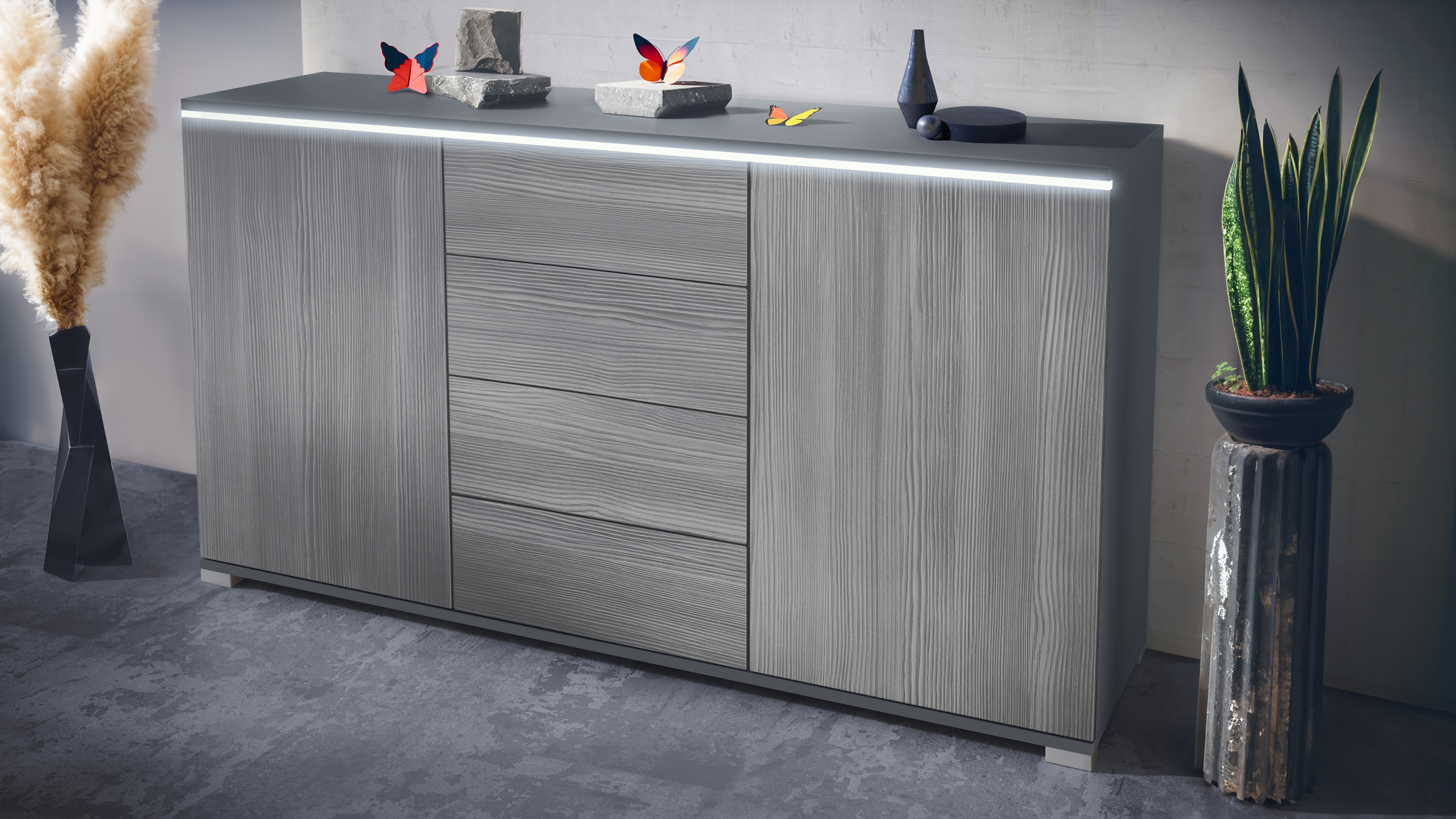 Sideboard Faro V1 Anthrazit Schrank mit LED Lichtleiste Anthrazit matt / Avola-Anthrazit (138,5 x 75,5 x 35)