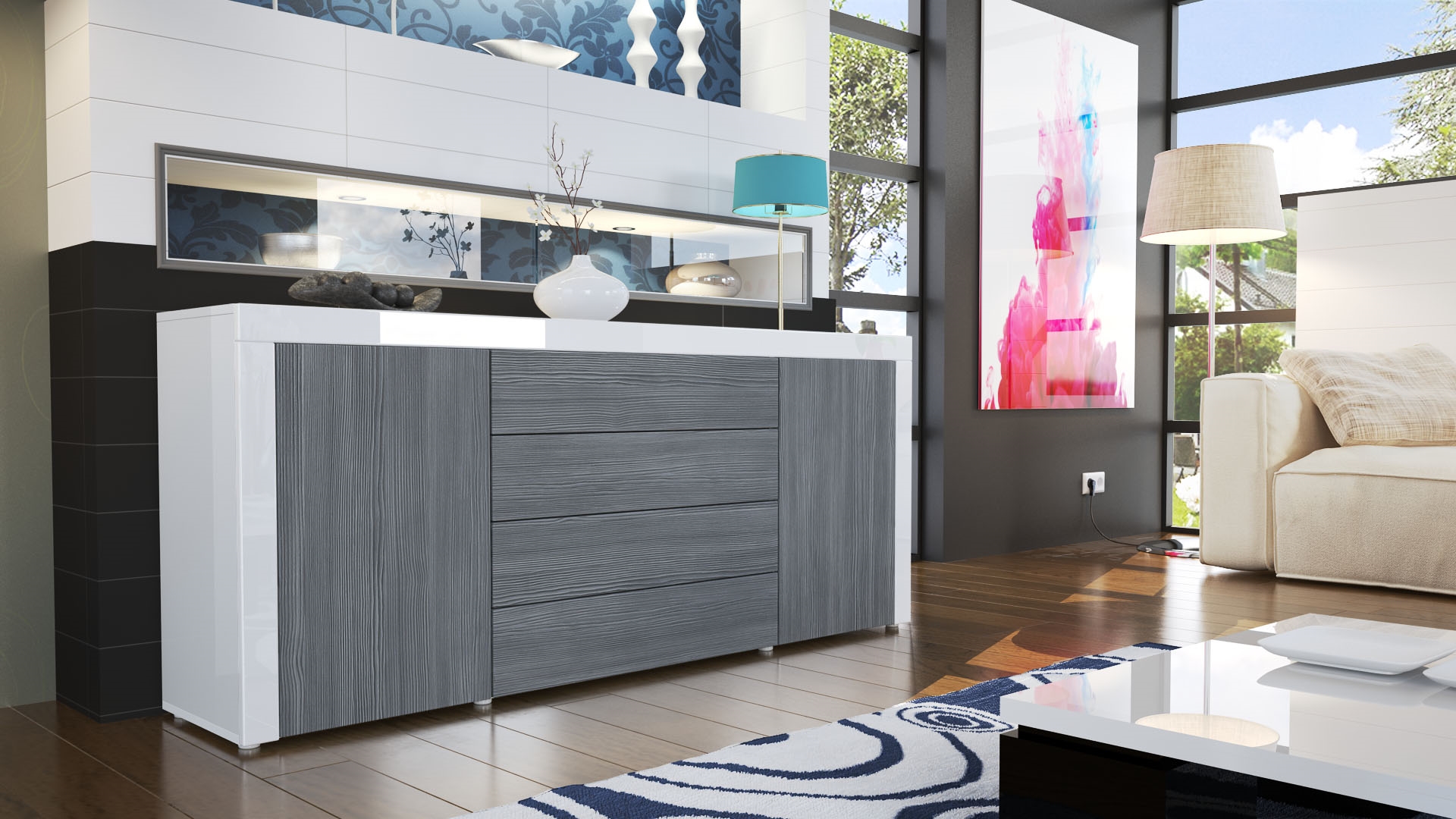 Sideboard La Paz mit 2 Türen und 4 Schubladen Avola-Anthrazit / Weiß Hochglanz (167 x 72 x 35)