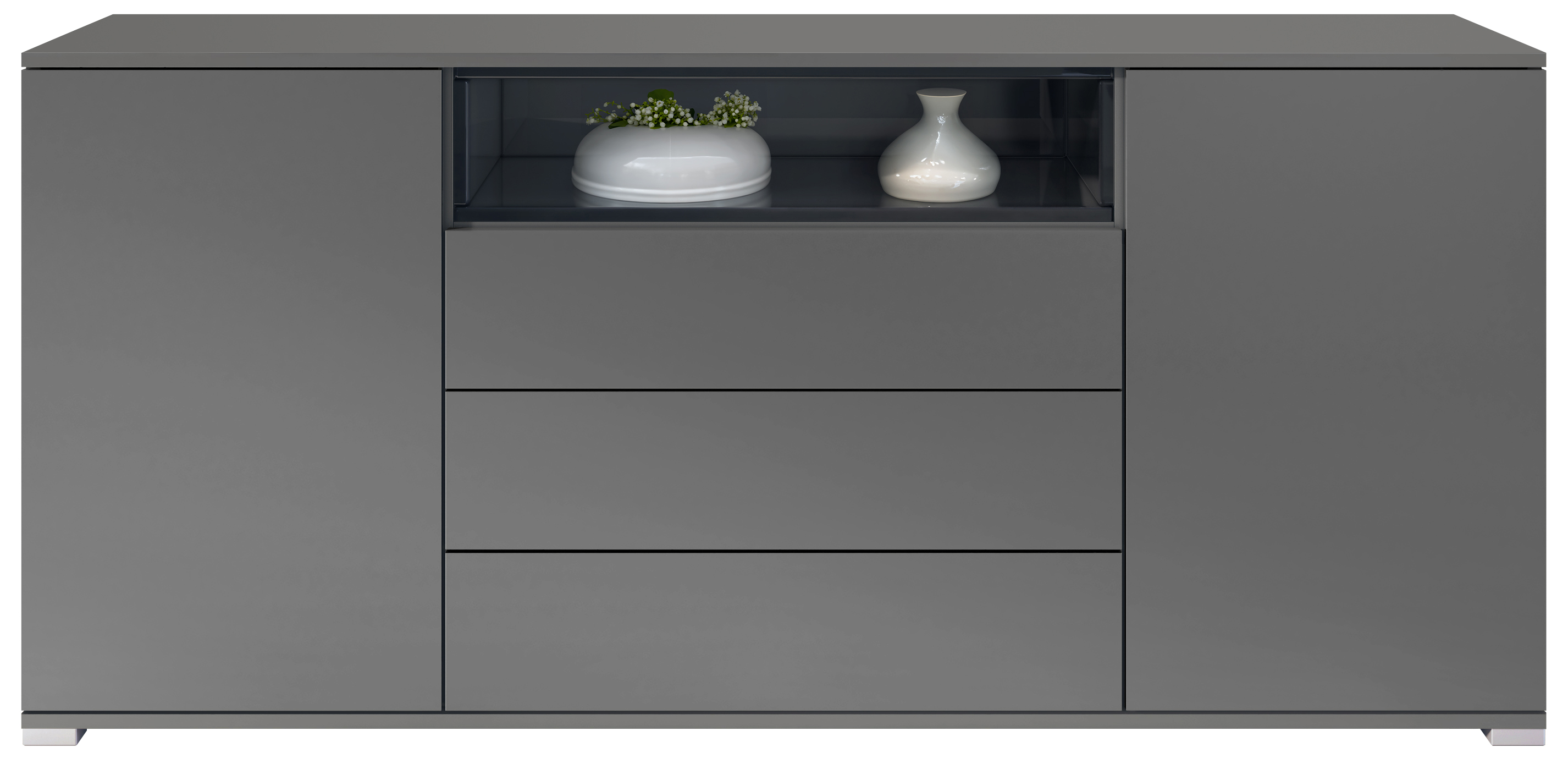 Skadu V4 Sideboard Anthrazit mit 2 Türen, 3 Schubladen und 1 offenem Fach Anthrazit matt/Schwarz Hochglanz (166,5 x 75,5 x 35 cm)
