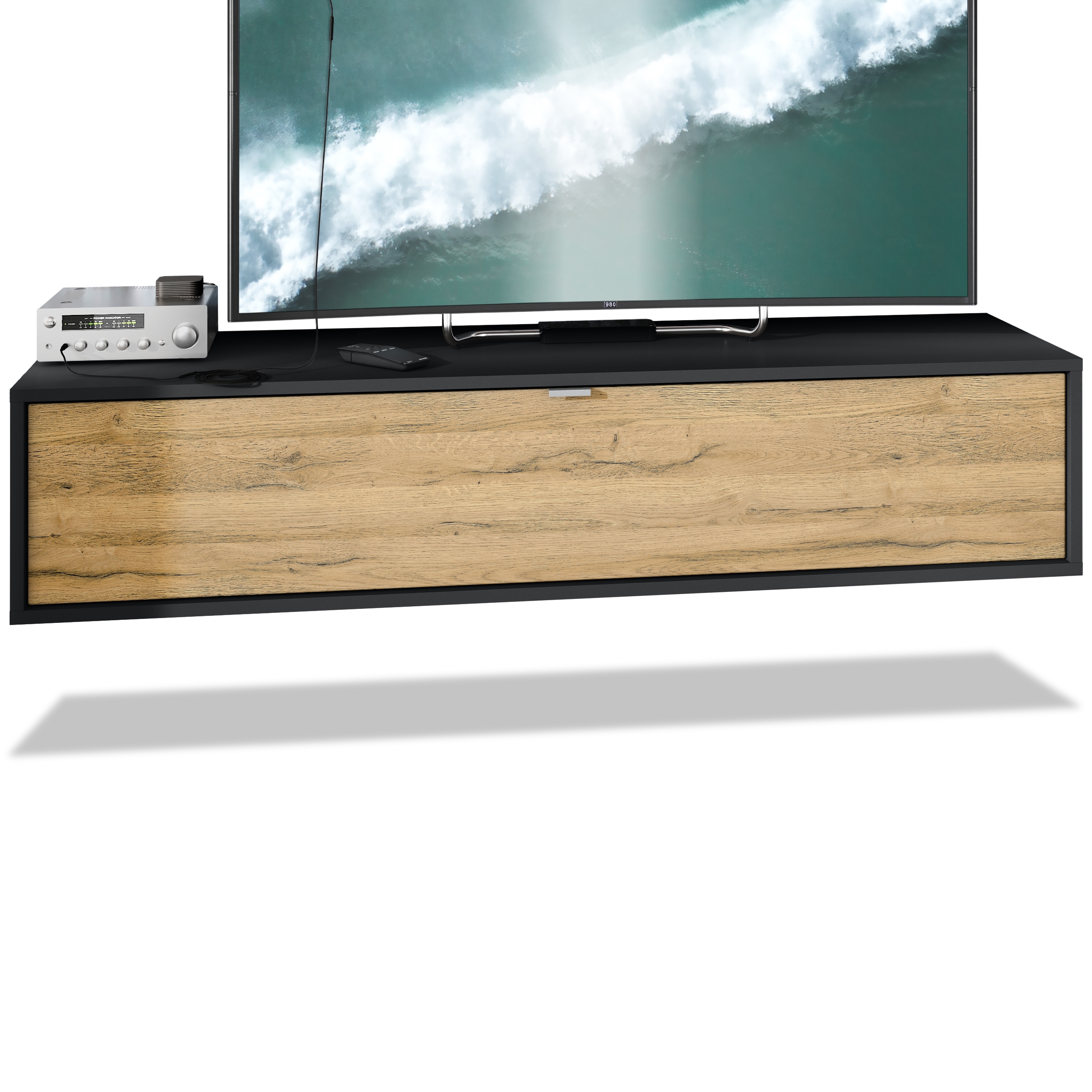 Lowboard Lana 1400 mit Klappe dahinter 3 Fächer Schwarz matt/Eiche Natur (140 x 29 x 37 cm)