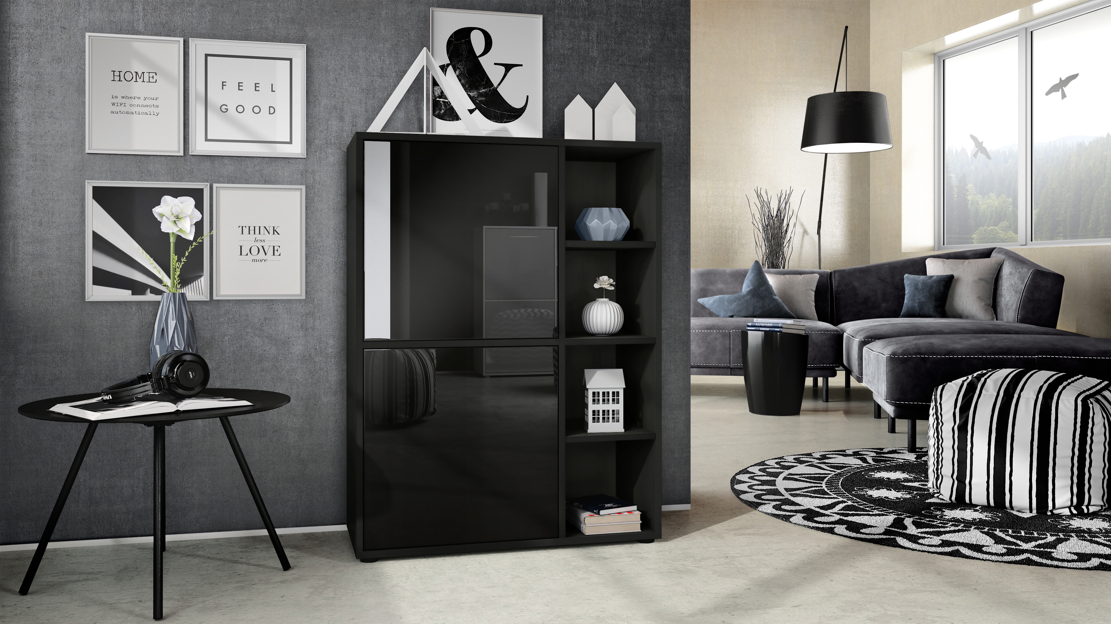 Highboard Cuba  mit 2 Türen und 4 offene Fächer Schwarz matt/Schwarz Hochglanz (79 x 105,5 x 35,5 cm)