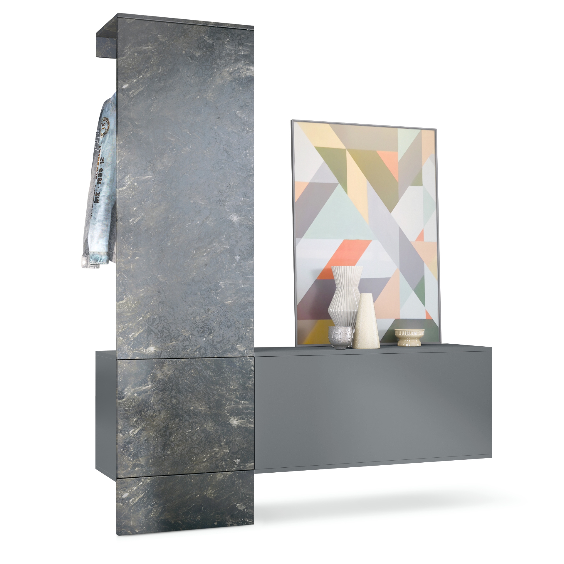 Garderobe Carlton Set 4 Anthrazit 3-tlg. 1 Paneel und 1 Schrankmodul Anthrazit matt/Marmor Graphit (156,5 x 193 x 35 cm)