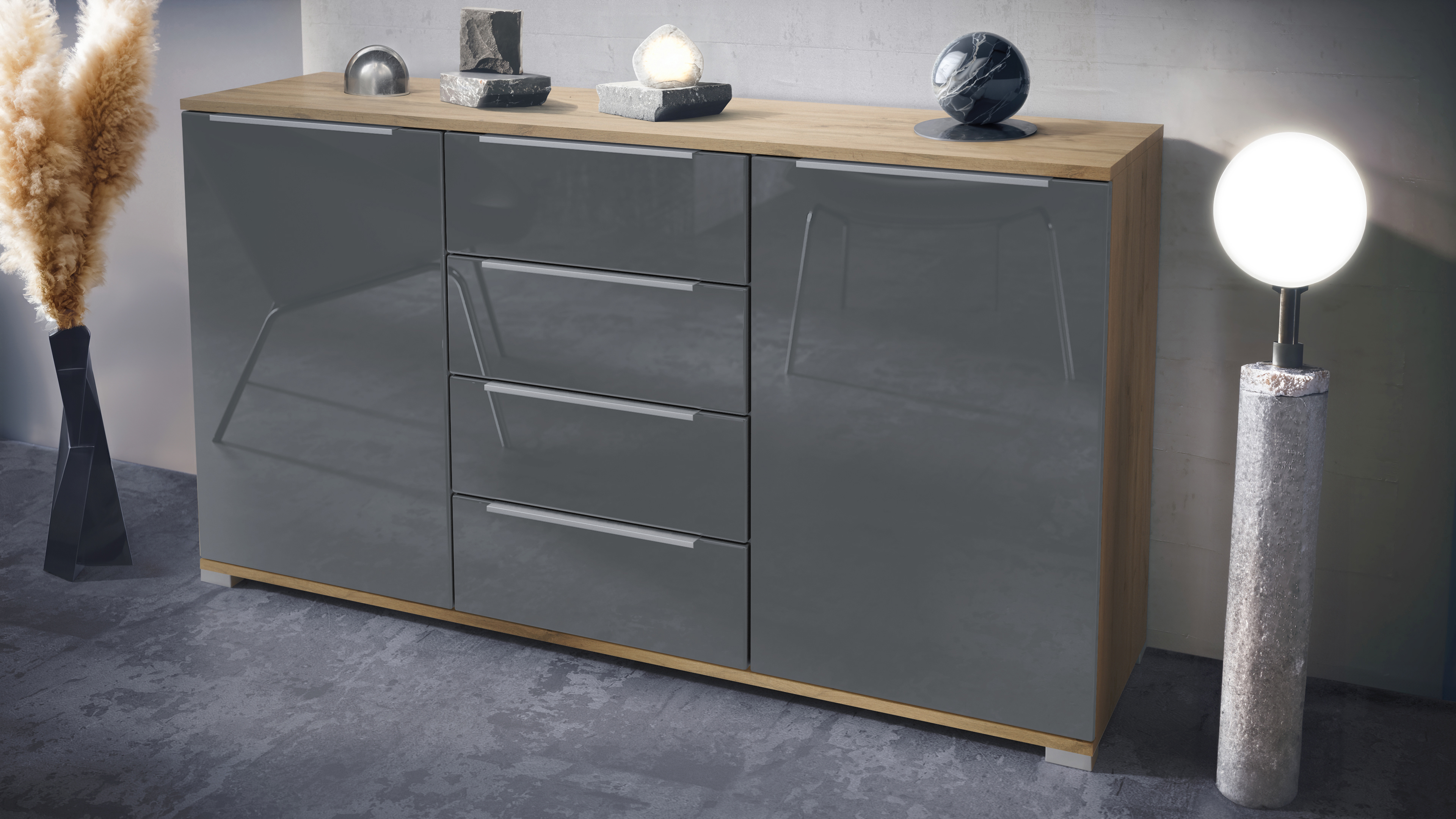 Linio V1 Sideboard Eiche Evoke mit 2 Türen und 4 Schubladen Eiche Evoke/Grau Hochglanz (138,5 x 75,5 x 35 cm)